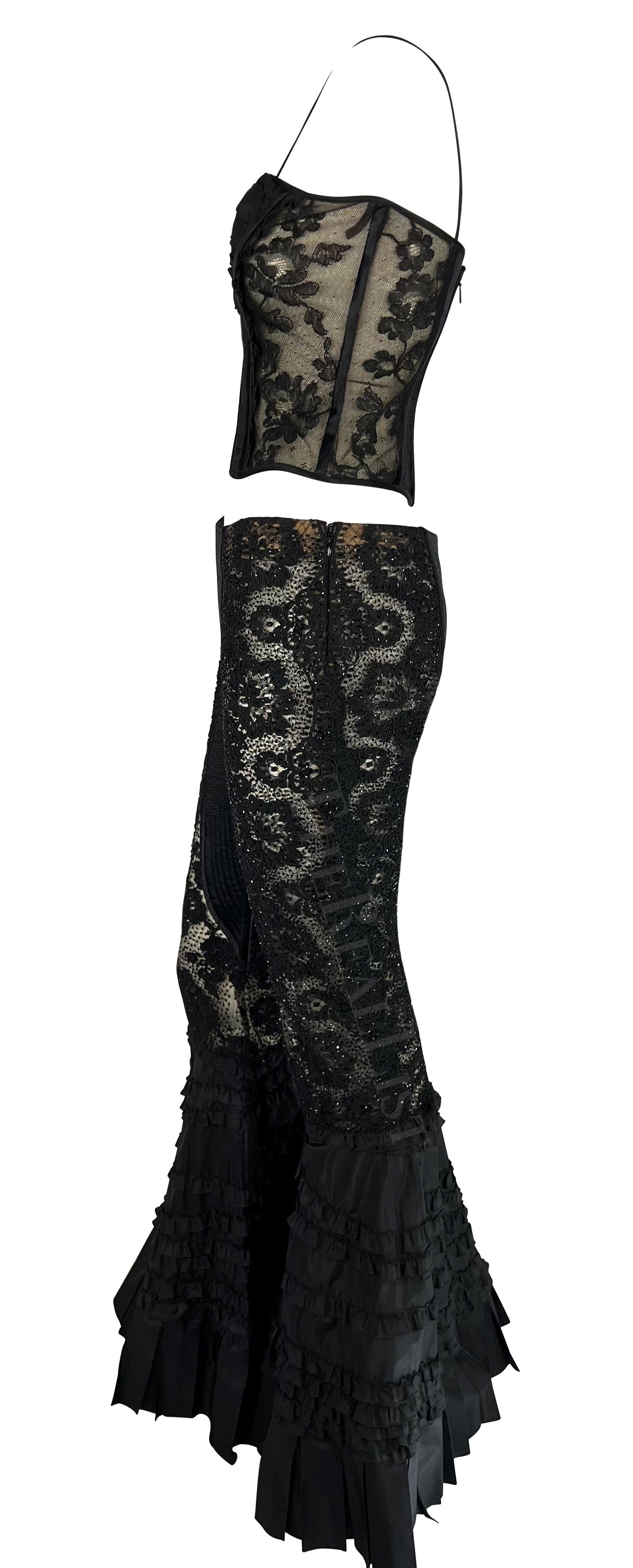 S/S 2002 Valentino Garavani Sheer Black Beaded Lace Flare Pants Crop Top Set For Sale 6