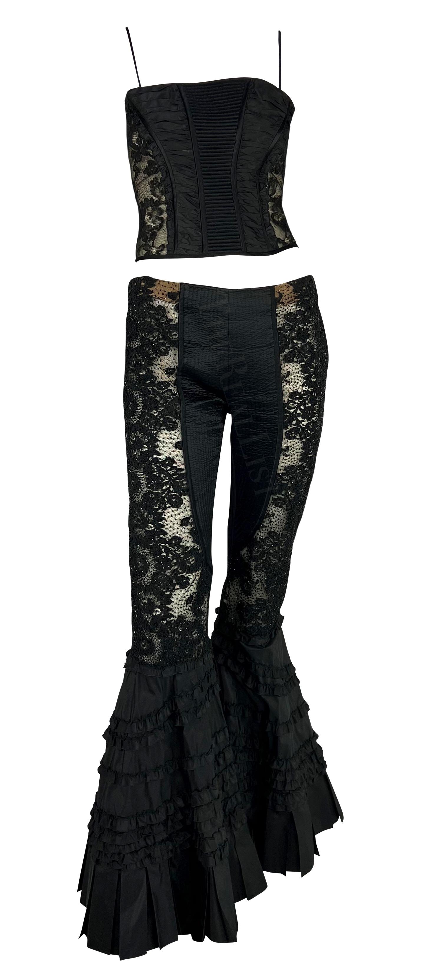 Women's S/S 2002 Valentino Garavani Sheer Black Beaded Lace Flare Pants Crop Top Set For Sale