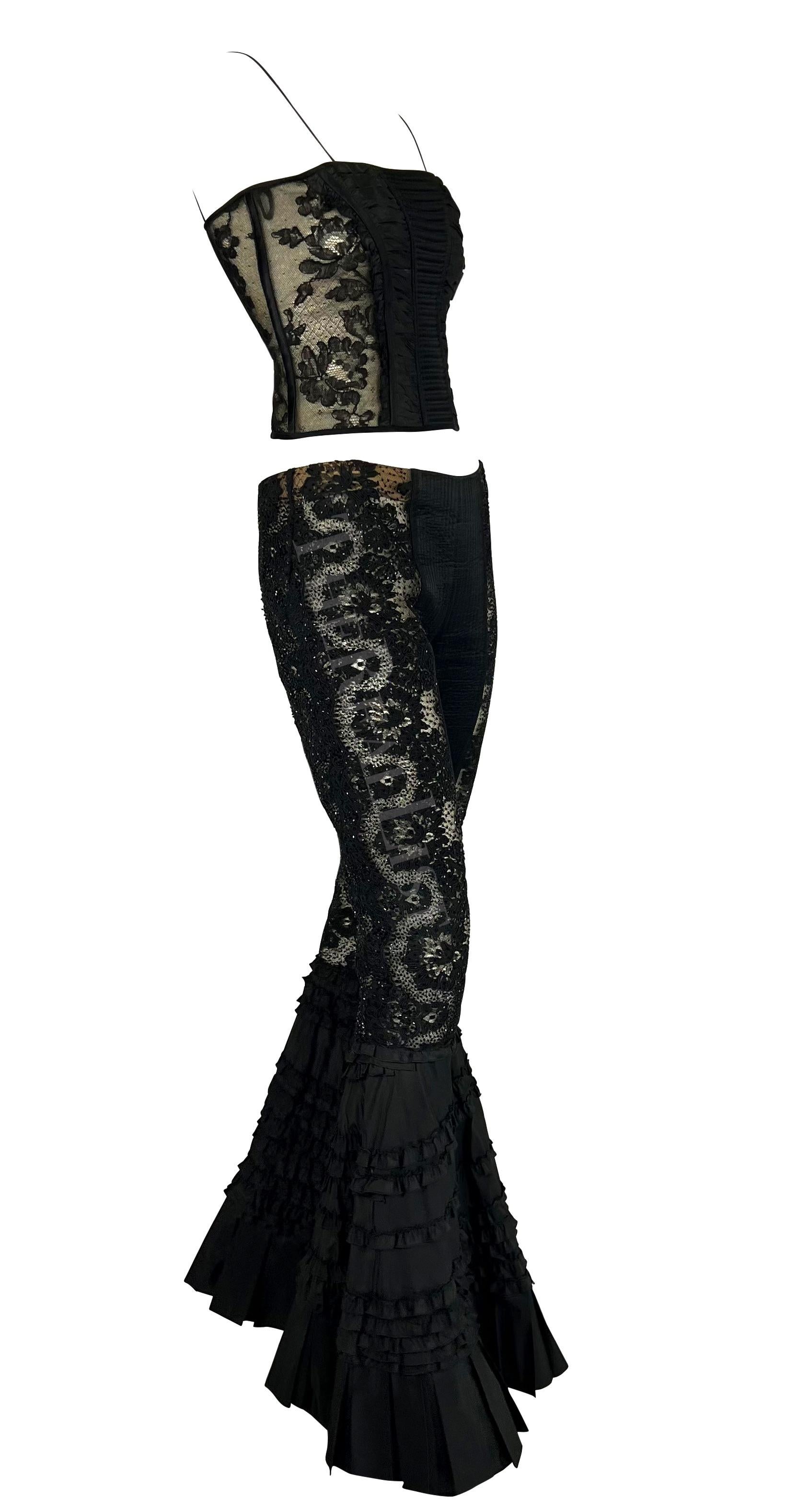 S/S 2002 Valentino Garavani Sheer Black Beaded Lace Flare Pants Crop Top Set For Sale 1