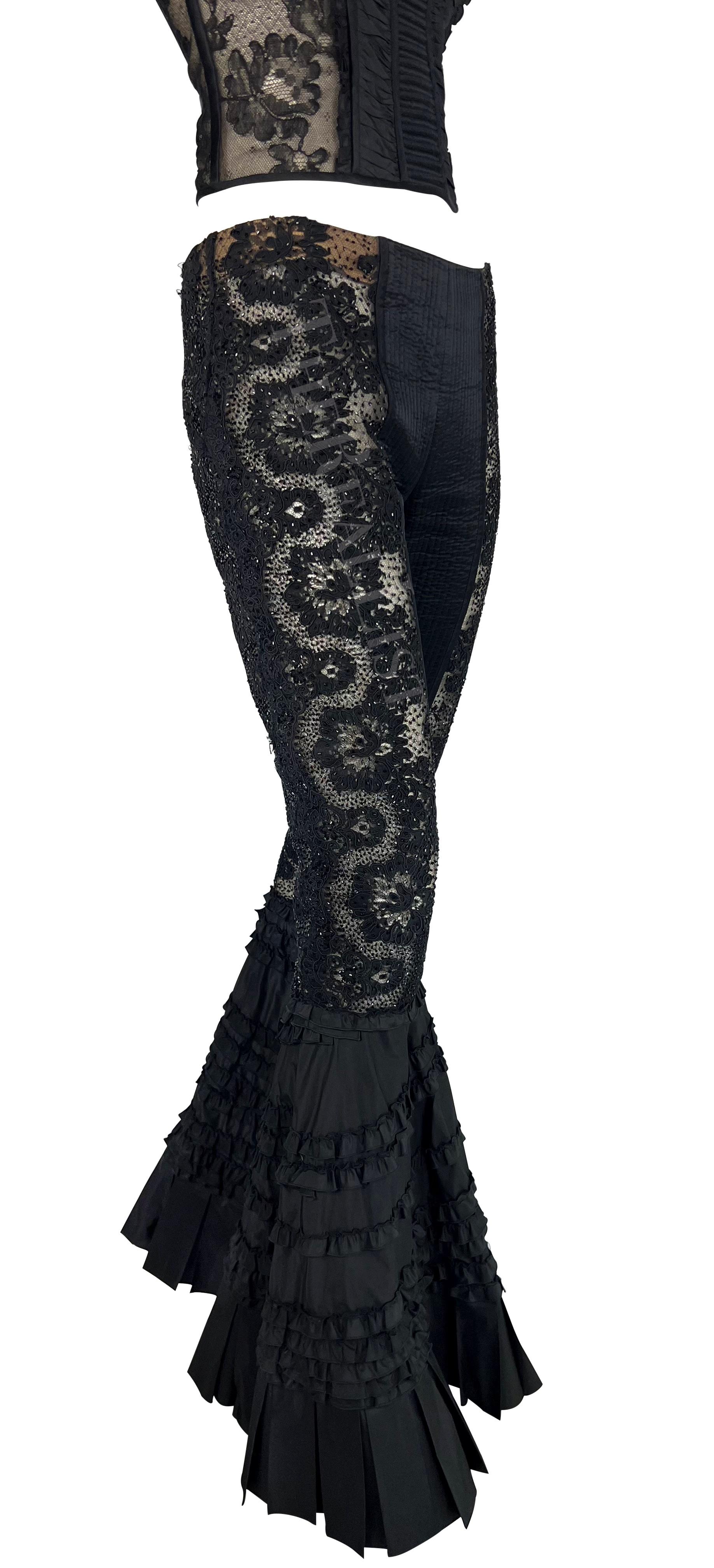 S/S 2002 Valentino Garavani Sheer Black Beaded Lace Flare Pants Crop Top Set For Sale 2