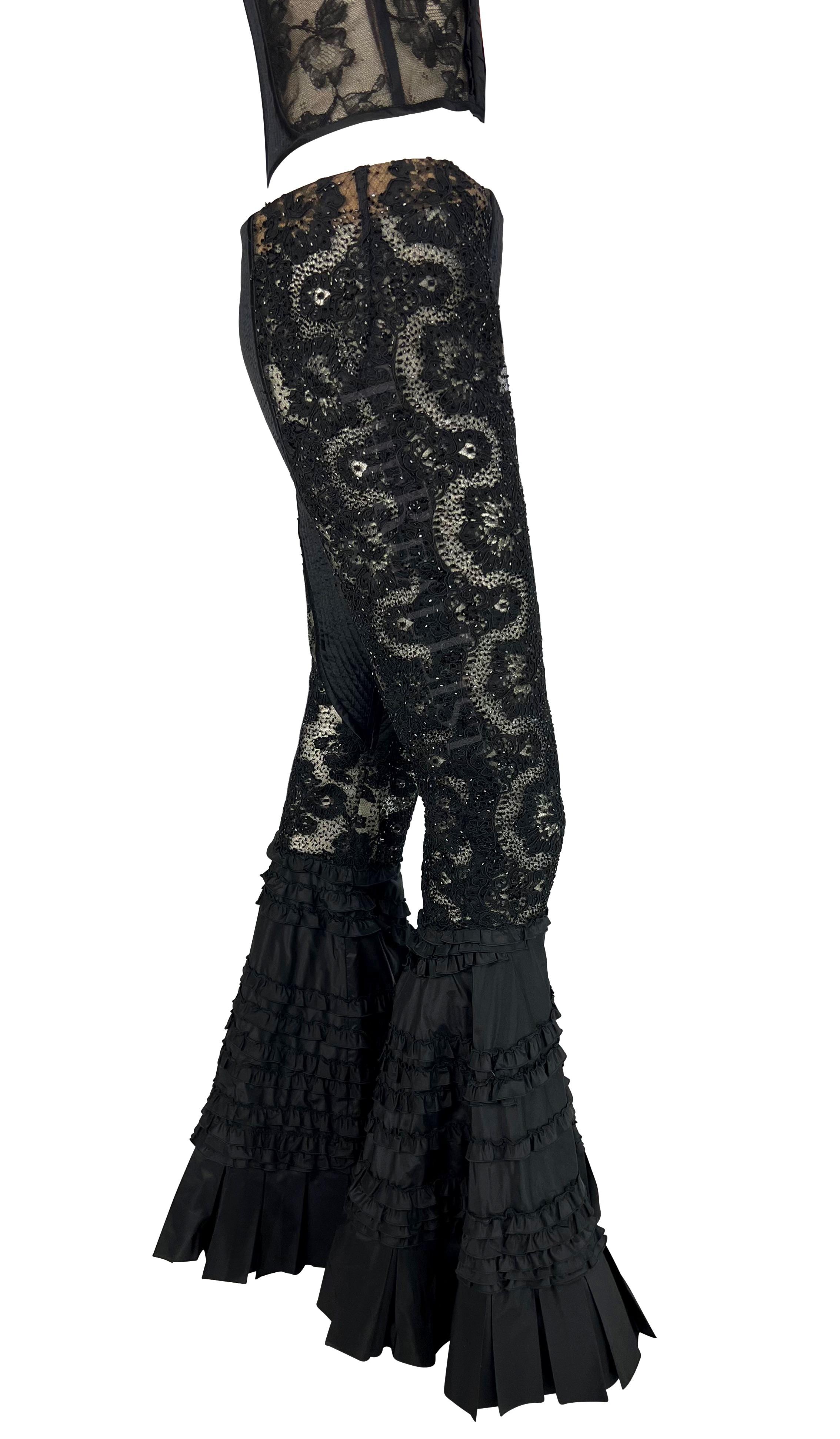 S/S 2002 Valentino Garavani Sheer Black Beaded Lace Flare Pants Crop Top Set For Sale 3
