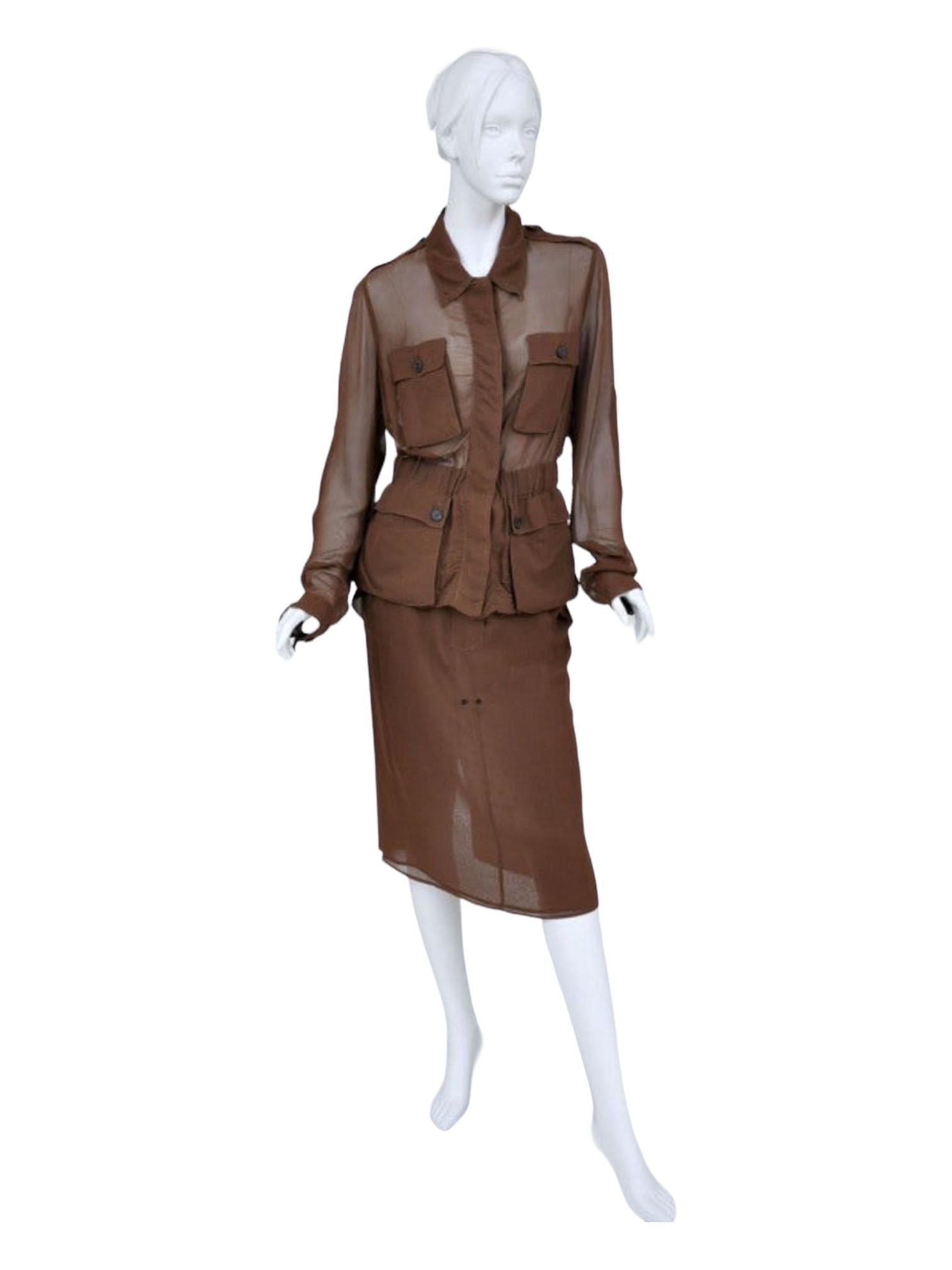 S/S 2002 Vintage Tom Ford for Yves Saint Laurent cognac silk safari suit In Excellent Condition For Sale In Montgomery, TX