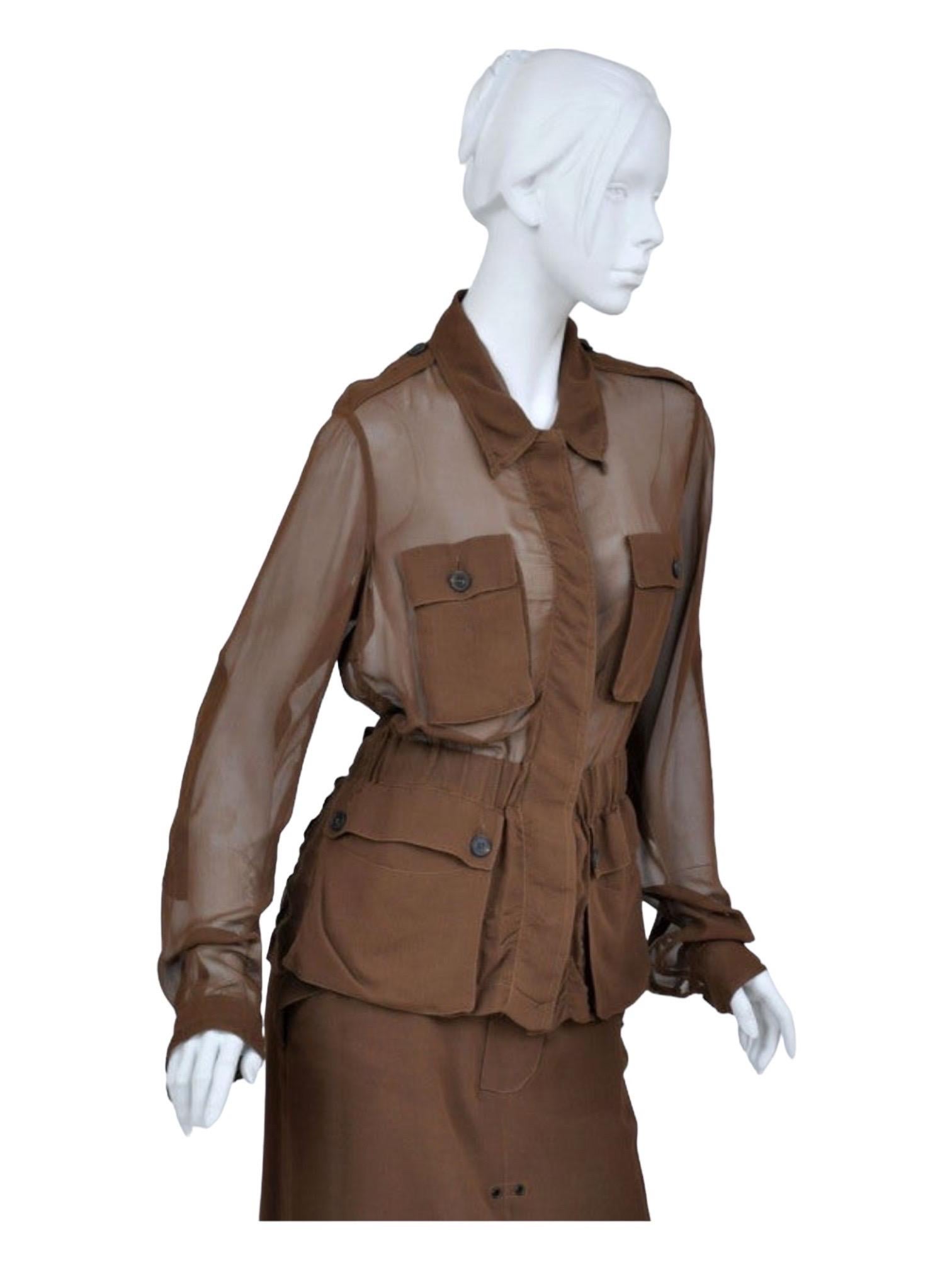 S/S 2002 Vintage Tom Ford for Yves Saint Laurent cognac silk safari suit In Excellent Condition For Sale In Montgomery, TX