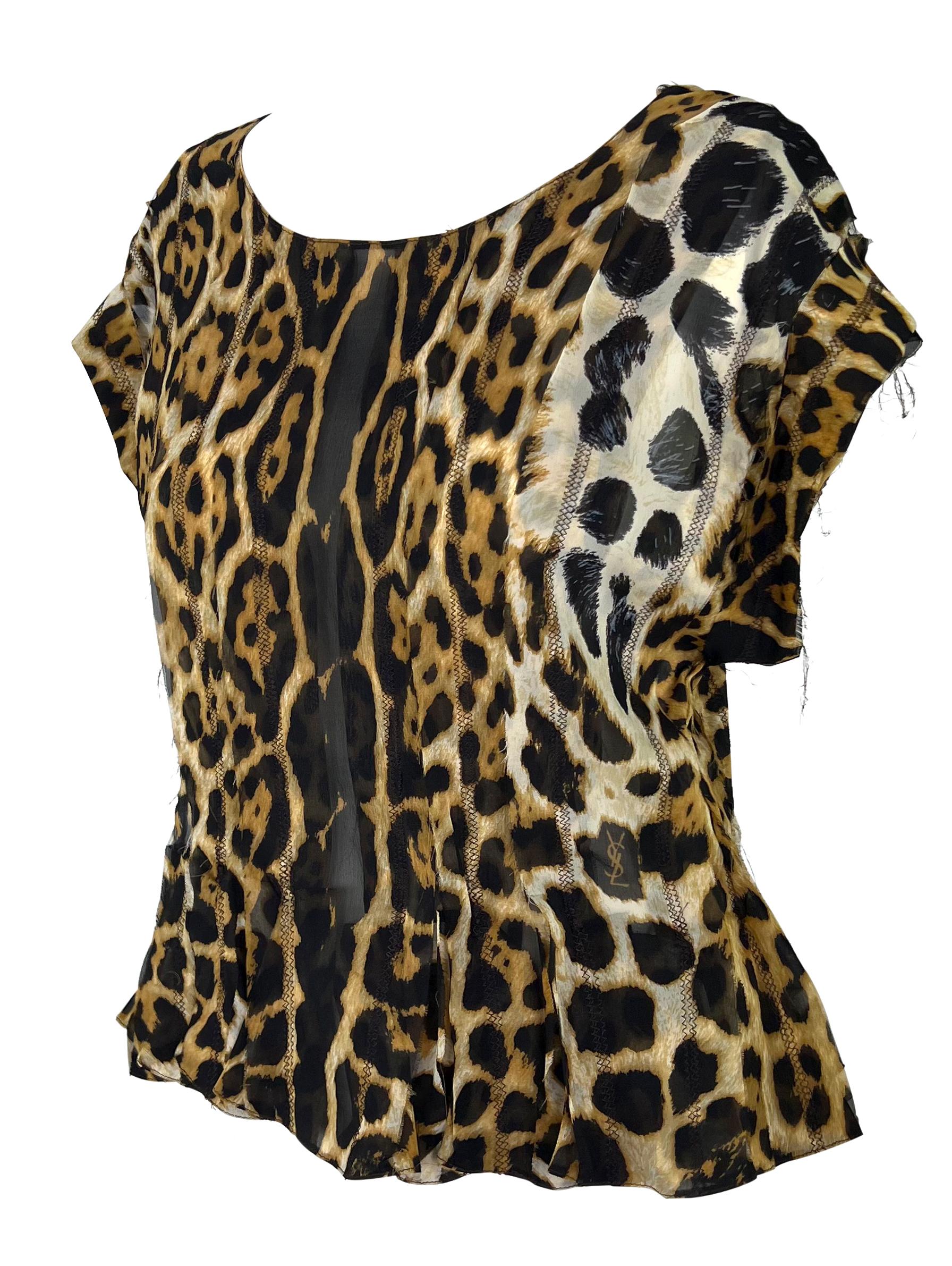 Black S/S 2002 Yves Saint Laurent by Tom Ford Jaguar Print Sheer Silk Top For Sale