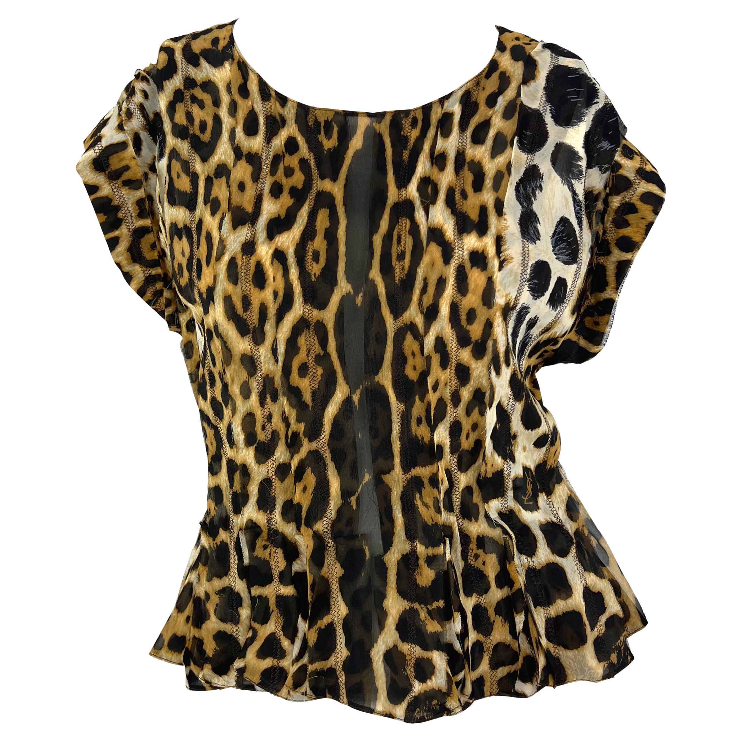 S/S 2002 Yves Saint Laurent by Tom Ford Jaguar Print Sheer Silk Top For Sale