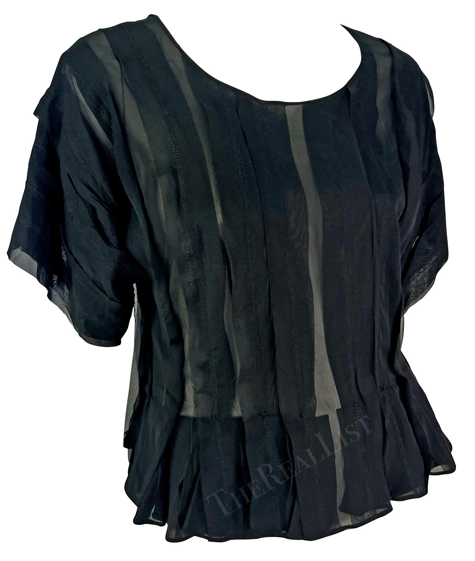 S/S 2002 Yves Saint Laurent by Tom Ford Safari Black Short Sleeve Sheer Silk Top For Sale 1