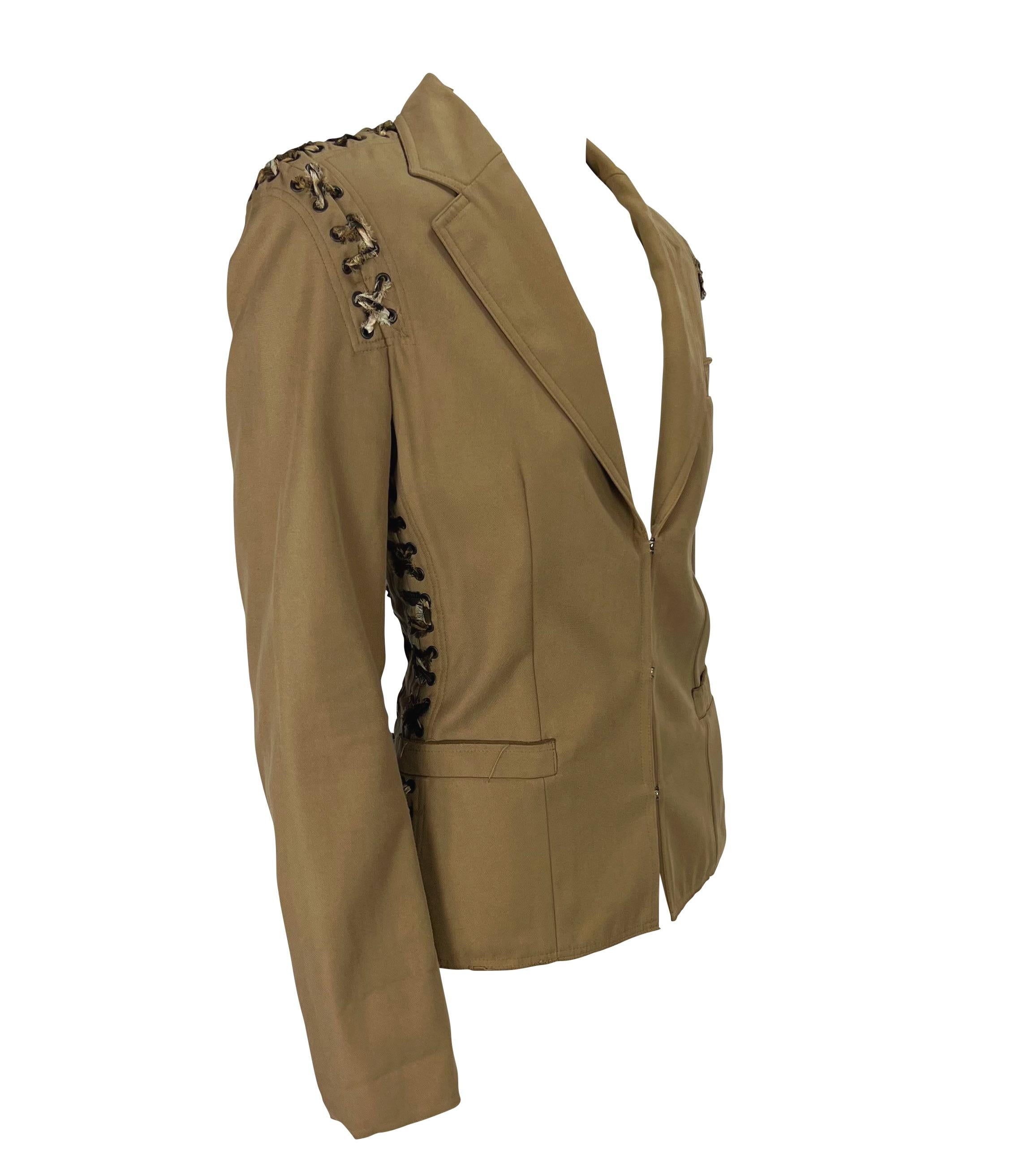 Donna P/E 2002 Yves Saint Laurent by Tom Ford Jaguar Lace-Up Khaki Blazer in vendita