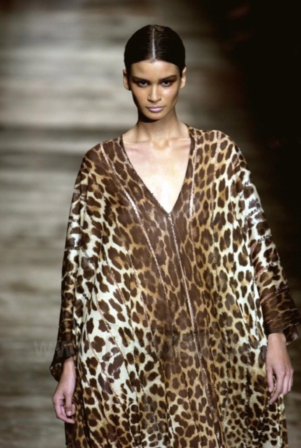 Brown S/S 2002 Yves Saint Laurent by Tom Ford Safari Cheetah Print Sheer Caftan Fringe