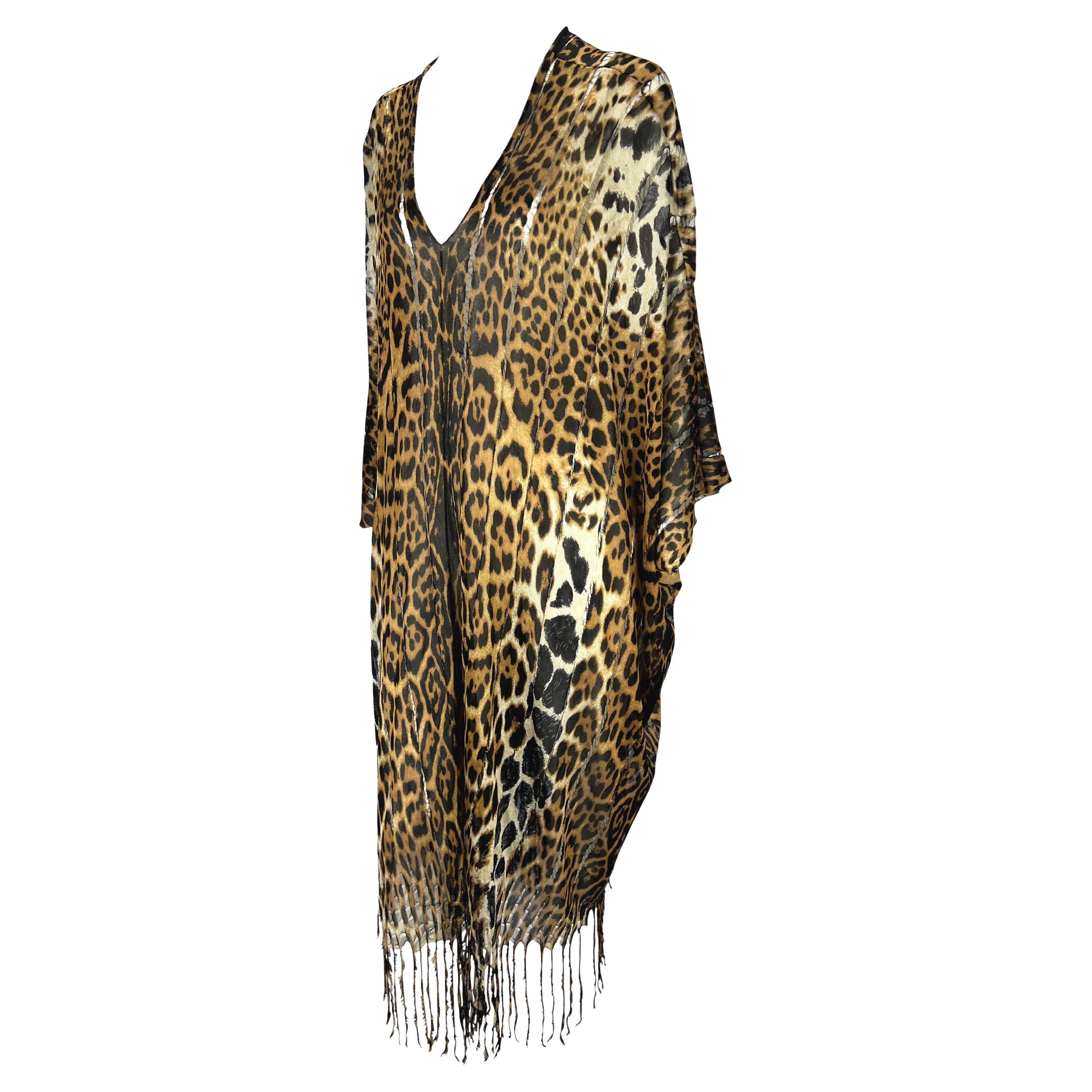 S/S 2002 Yves Saint Laurent by Tom Ford Safari Cheetah Print Sheer Caftan Fringe In Good Condition In West Hollywood, CA