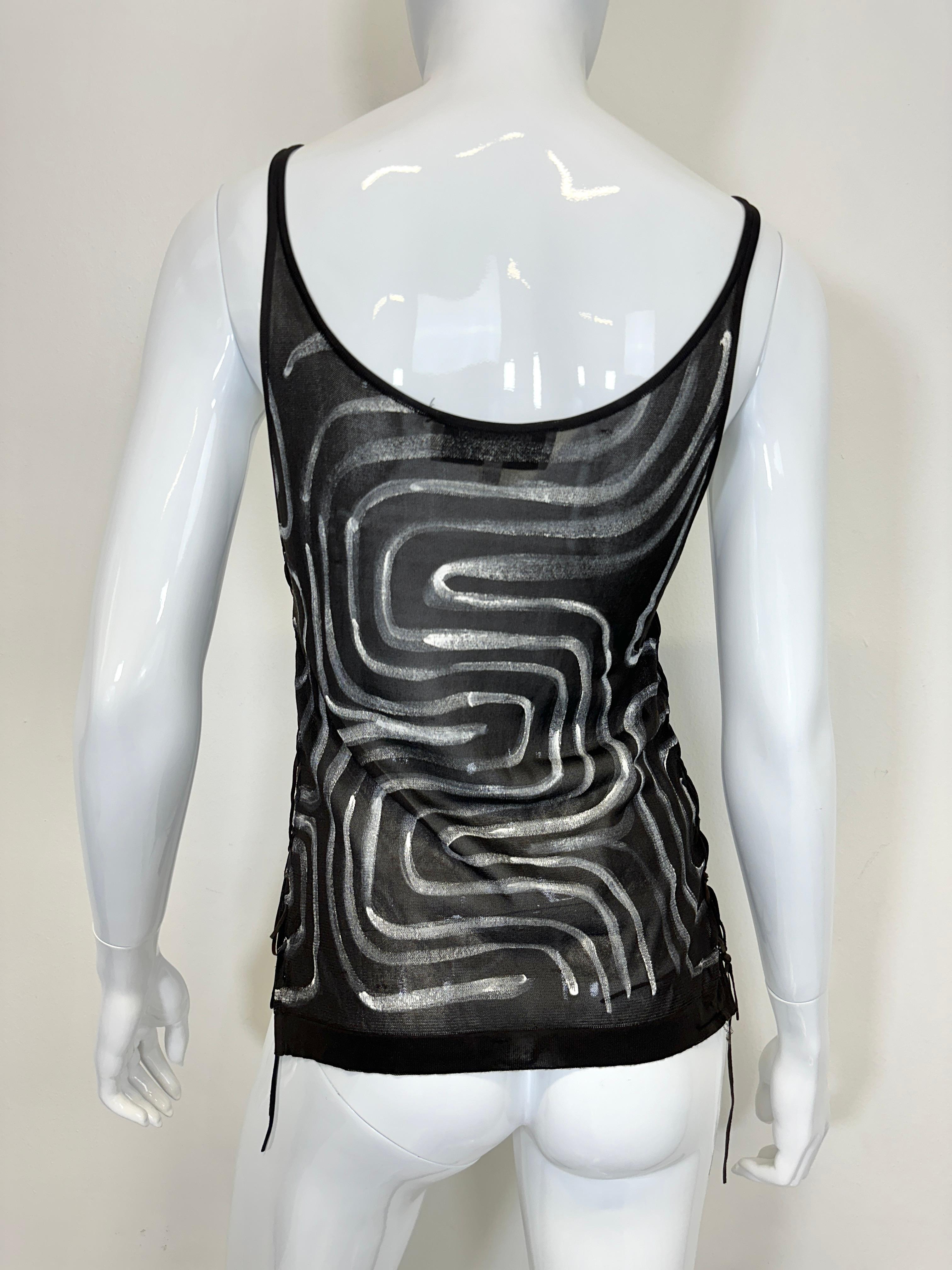Gray S/S 2002 Yves Saint Laurent by Tom Ford Runway Lace-Up Hand-Painted Sheer Top For Sale