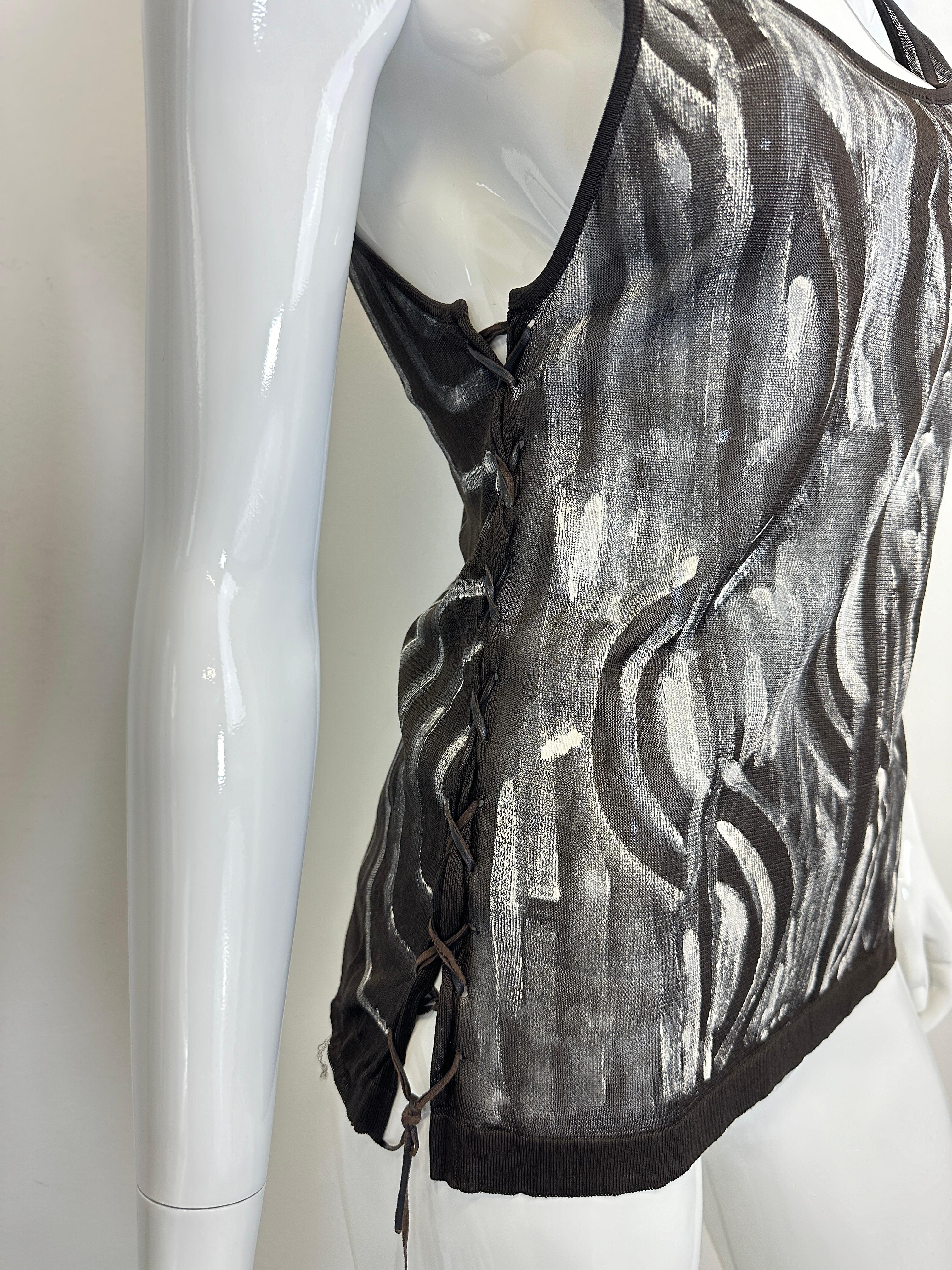 S/S 2002 Yves Saint Laurent by Tom Ford Runway Lace-Up Hand-Painted Sheer Top In Excellent Condition For Sale In Padova, IT