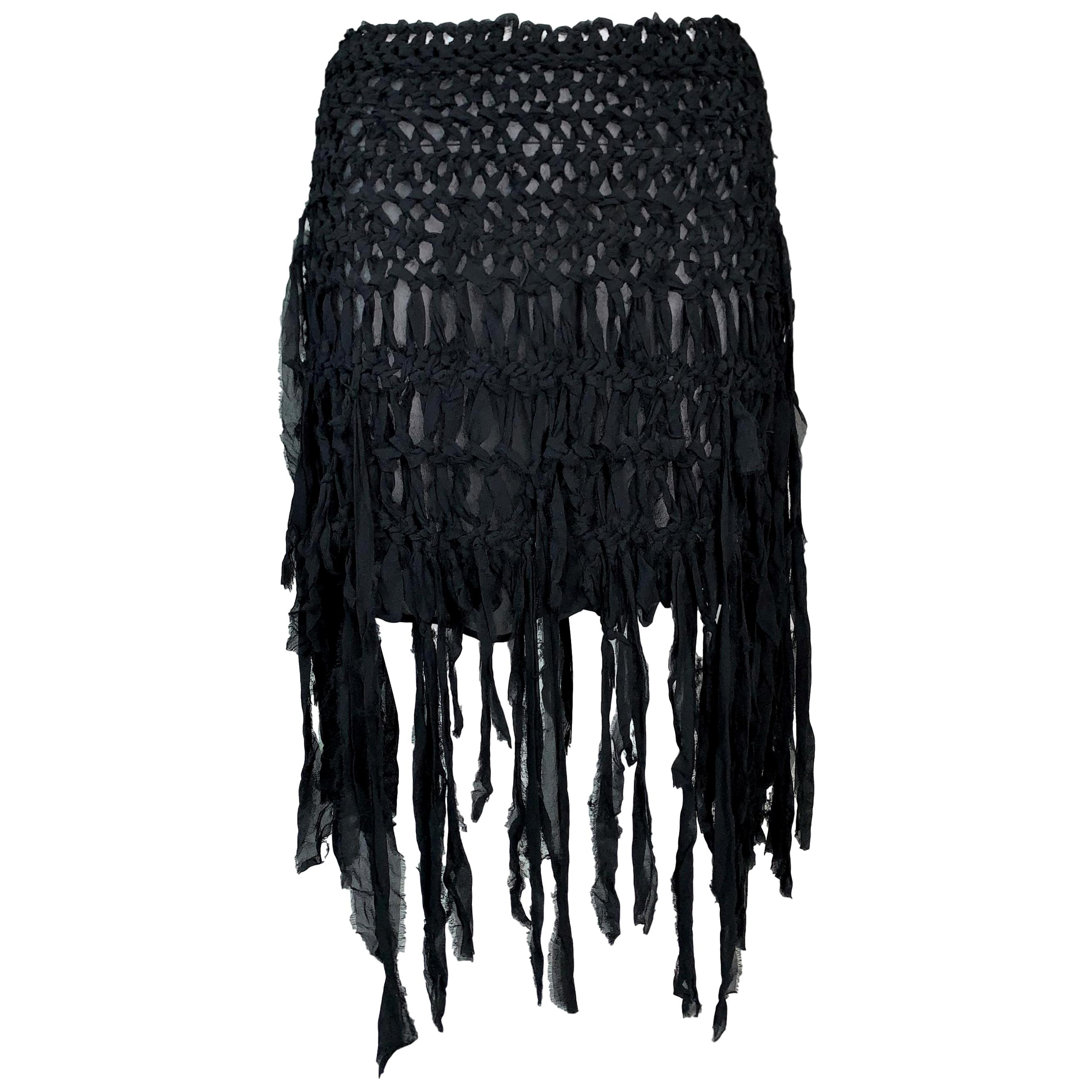 S/S 2002 Yves Saint Laurent Tom Ford Sheer Black Silk Fringe Mini Skirt