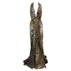 S/S 2002 Yves Saint Laurent Tom Ford Sheer Leopard Silk Plunging Gown Dress