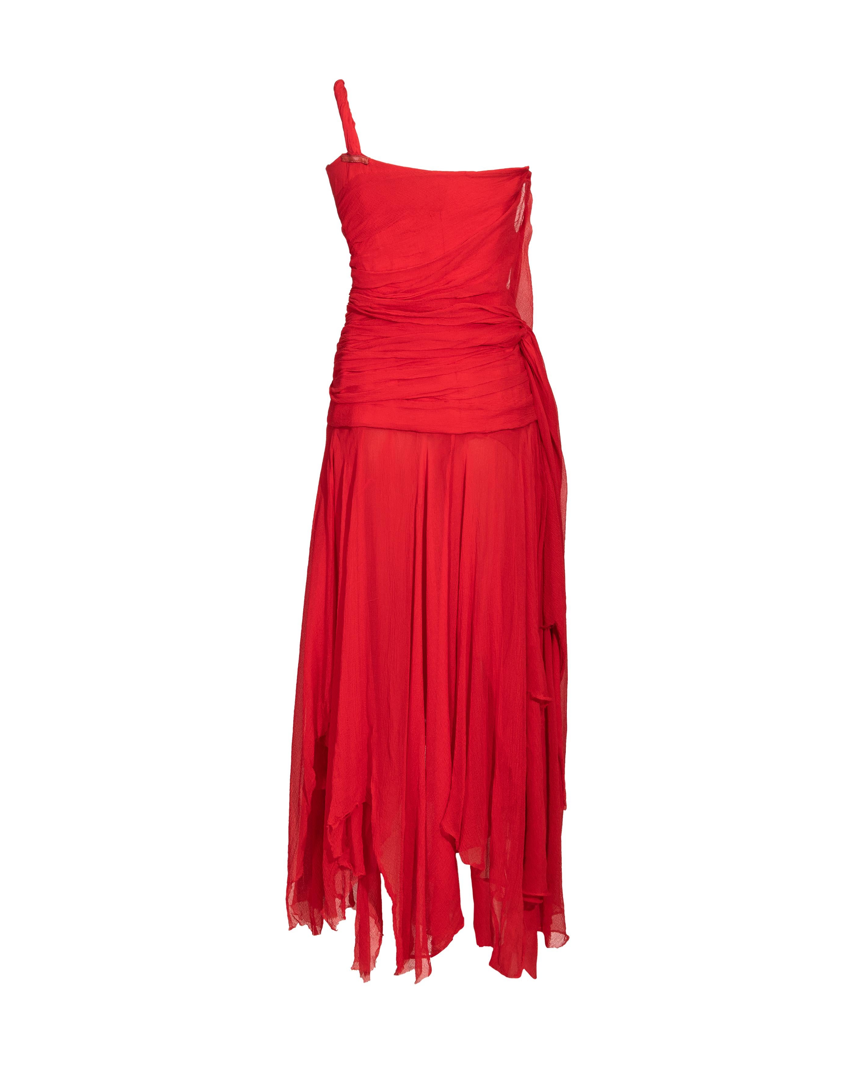 S/S 2003 Alexander McQueen  'Irere' Collection Red Silk Chiffon Gown with Sash For Sale 6
