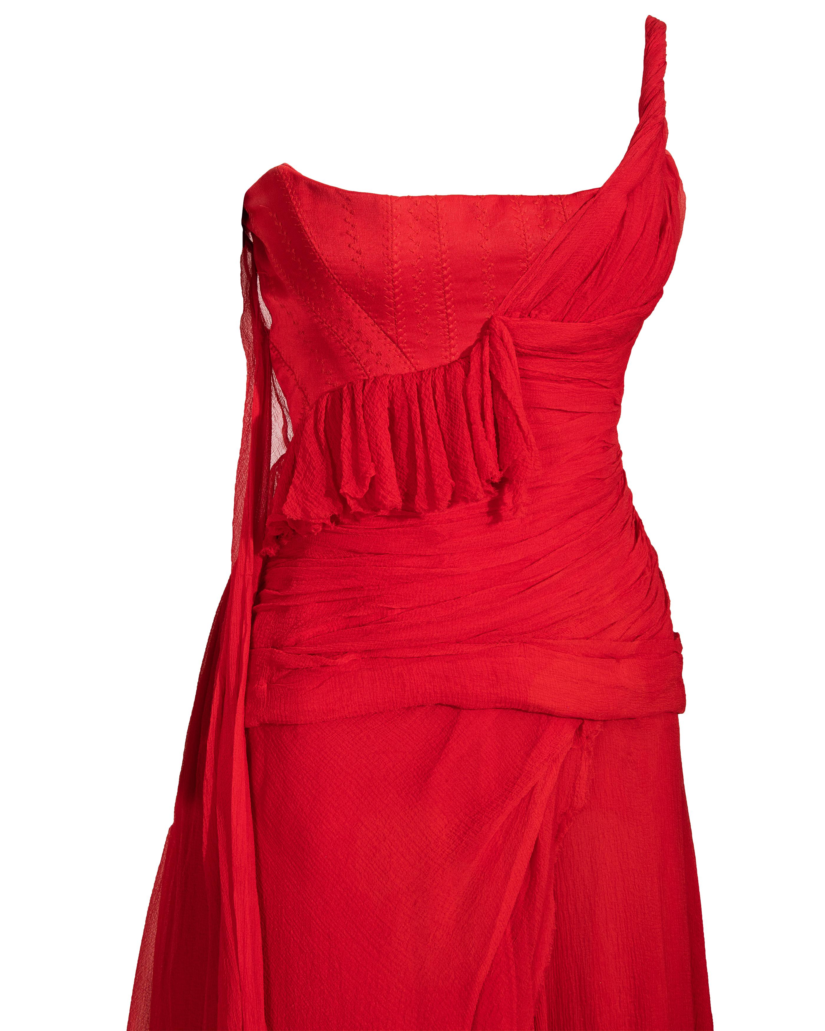 S/S 2003 Alexander McQueen  'Irere' Collection Red Silk Chiffon Gown with Sash For Sale 7