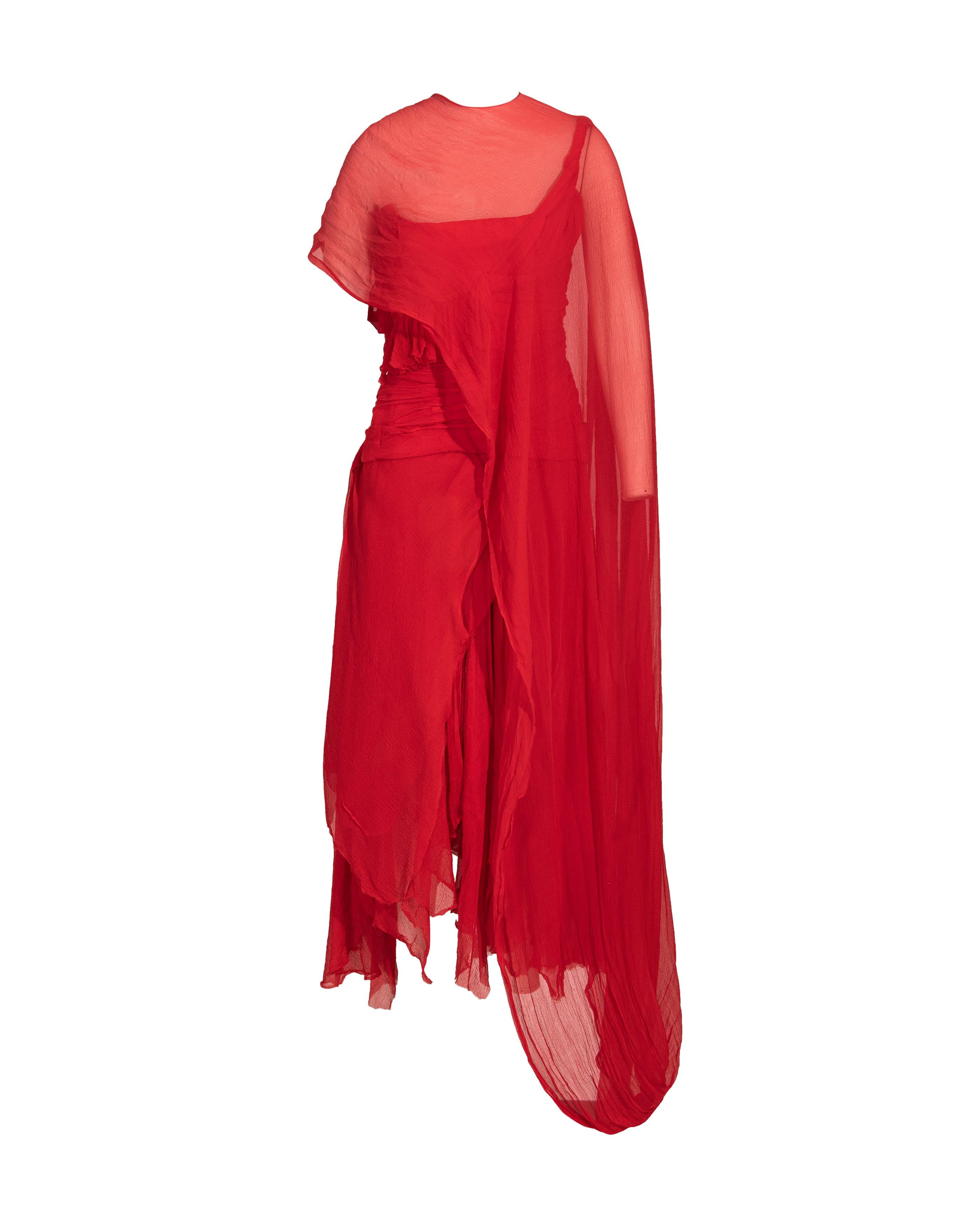 S/S 2003 Alexander McQueen  'Irere' Collection Red Silk Chiffon Gown with Sash For Sale 8
