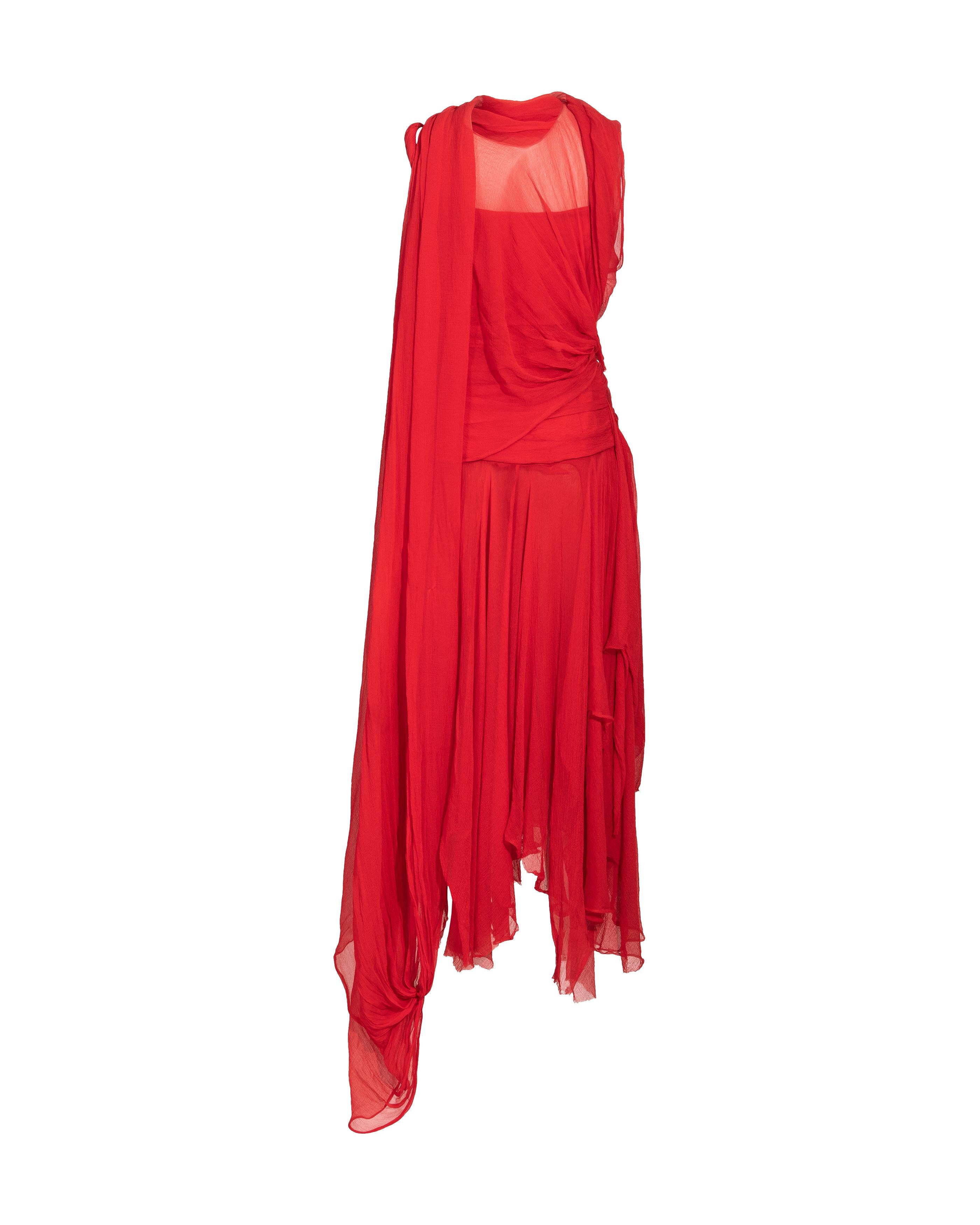S/S 2003 Alexander McQueen  'Irere' Collection Red Silk Chiffon Gown with Sash 9