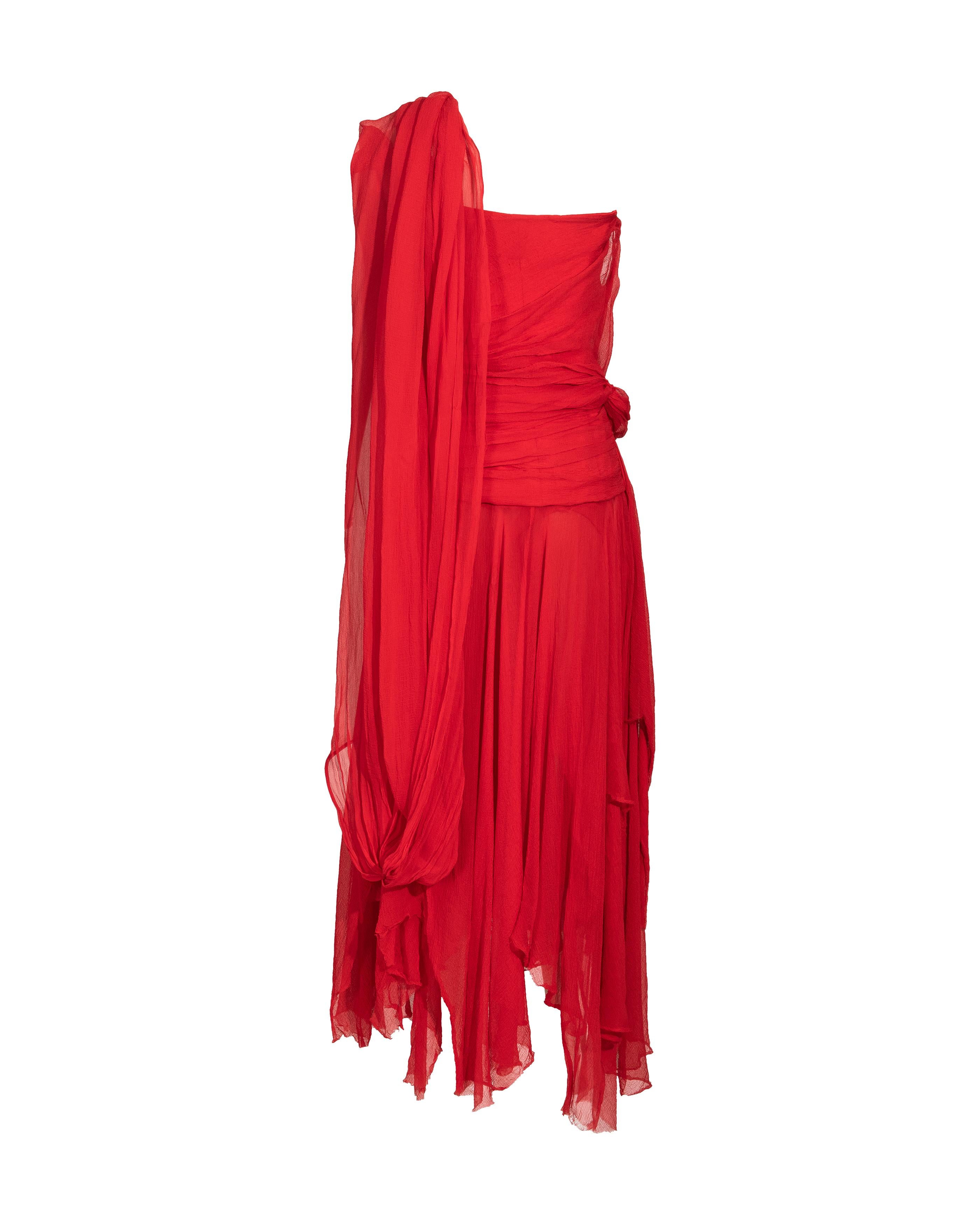 S/S 2003 Alexander McQueen  'Irere' Collection Red Silk Chiffon Gown with Sash For Sale 11