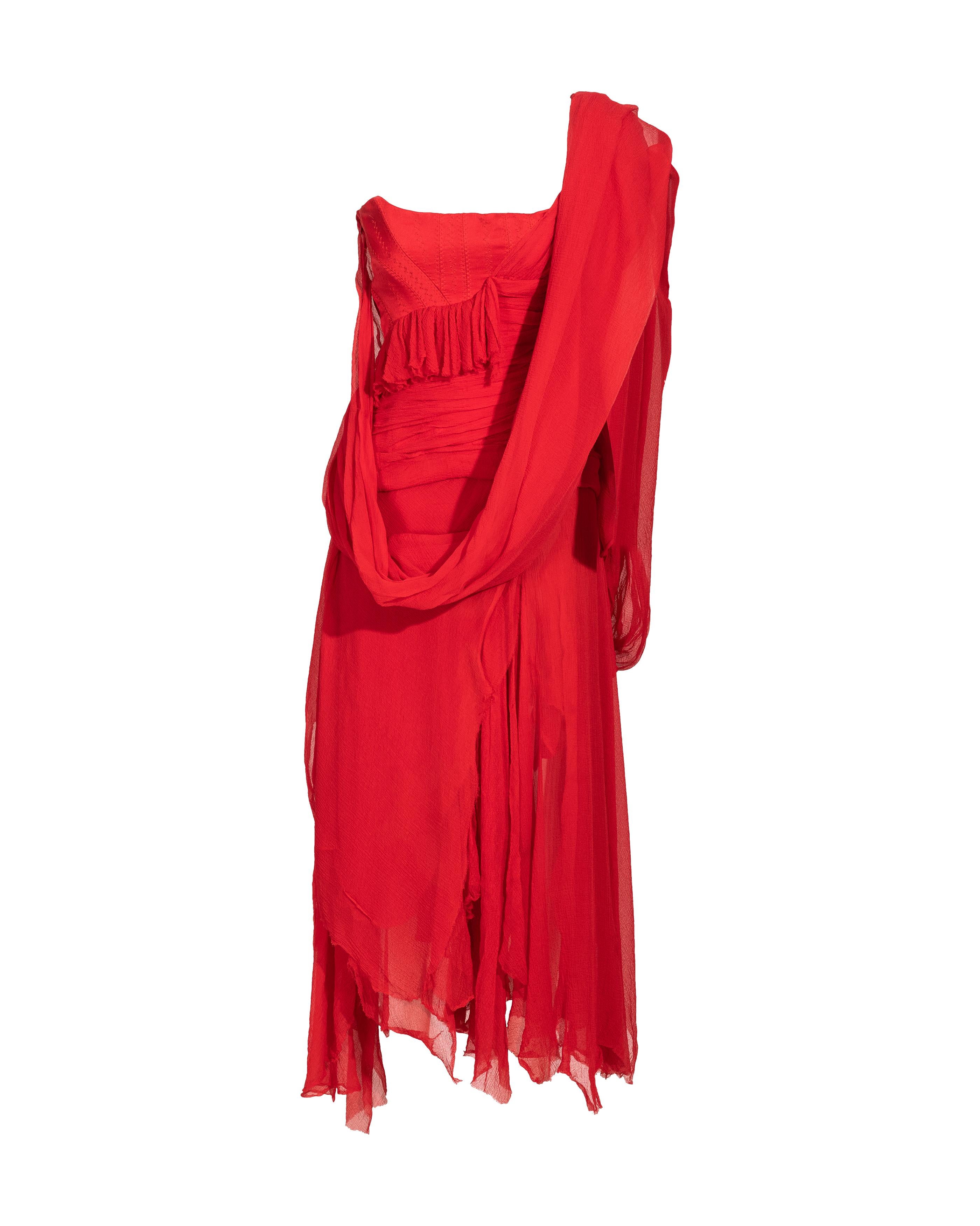 S/S 2003 Alexander McQueen  'Irere' Collection Red Silk Chiffon Gown with Sash 12