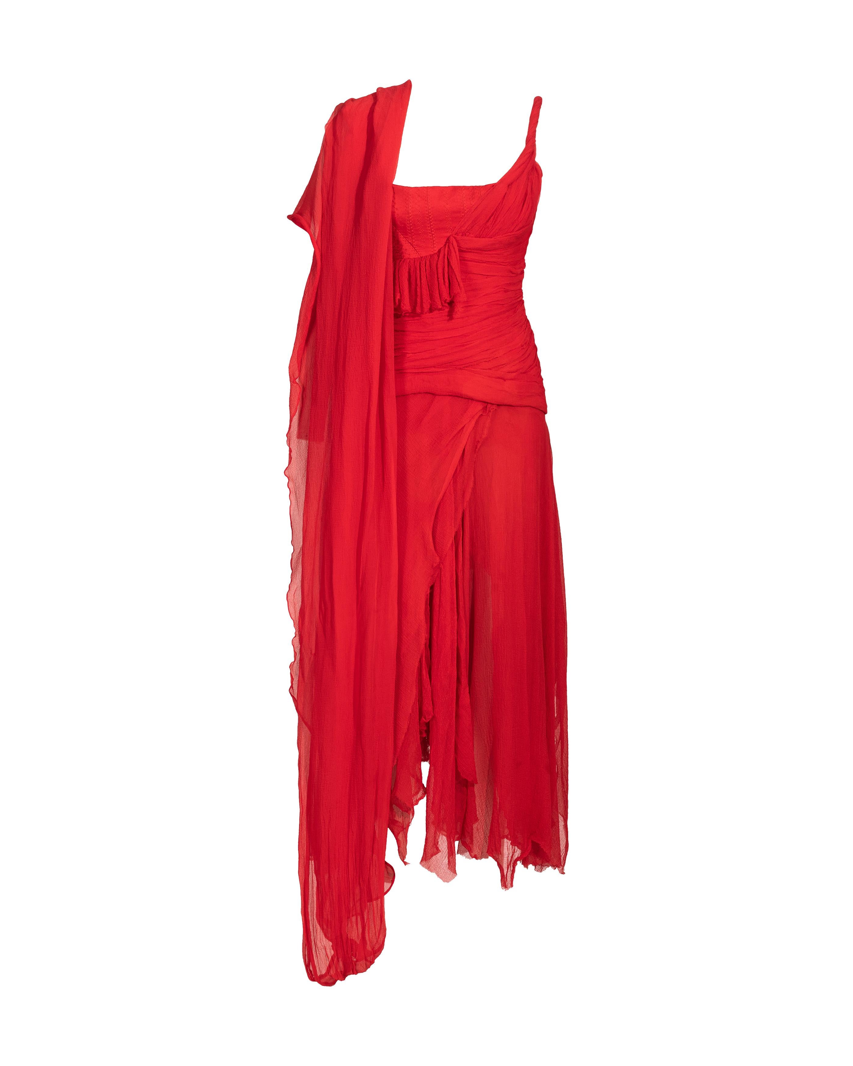 S/S 2003 Alexander McQueen  'Irere' Collection Red Silk Chiffon Gown with Sash In Good Condition For Sale In North Hollywood, CA