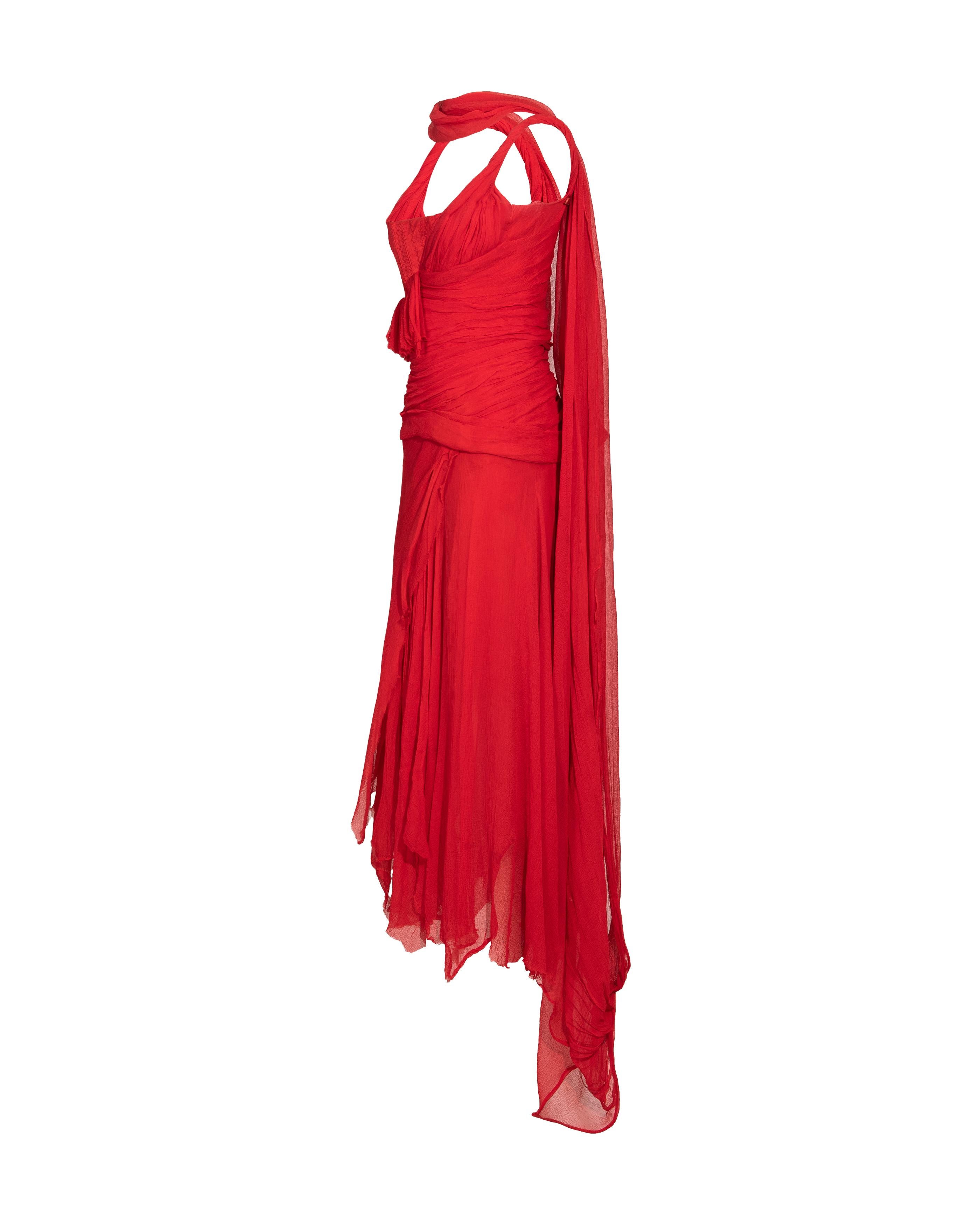 Women's S/S 2003 Alexander McQueen  'Irere' Collection Red Silk Chiffon Gown with Sash For Sale