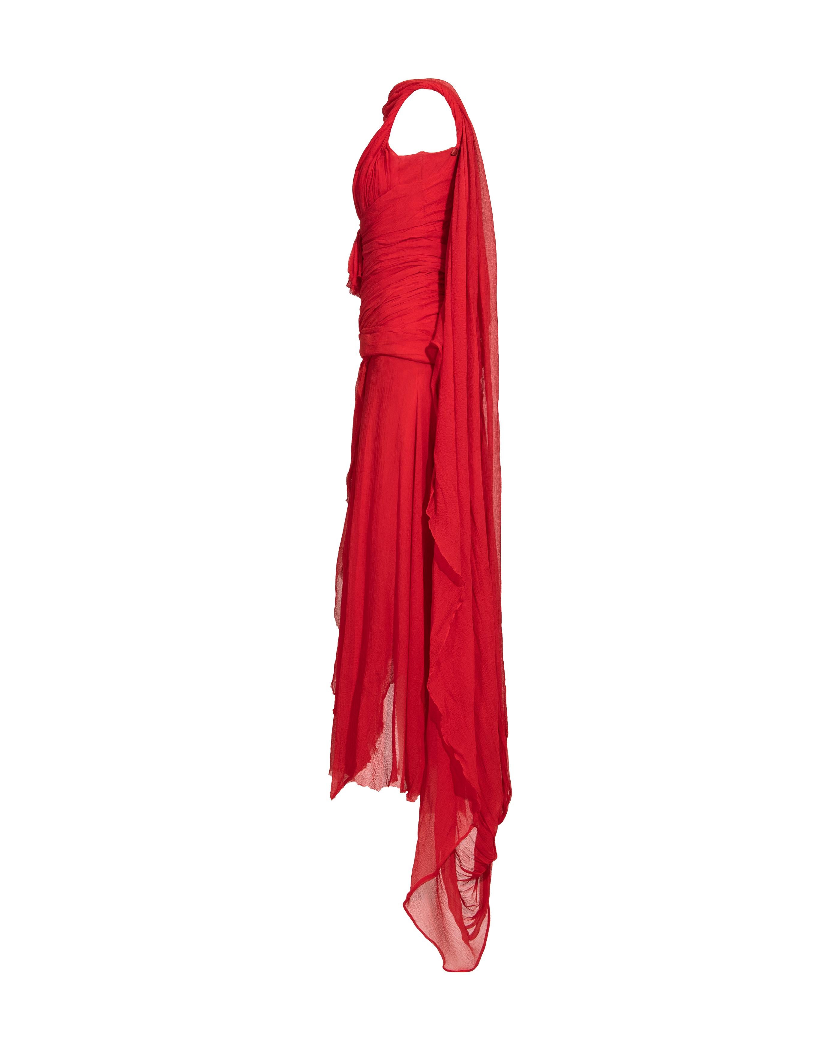 S/S 2003 Alexander McQueen  'Irere' Collection Red Silk Chiffon Gown with Sash For Sale 1