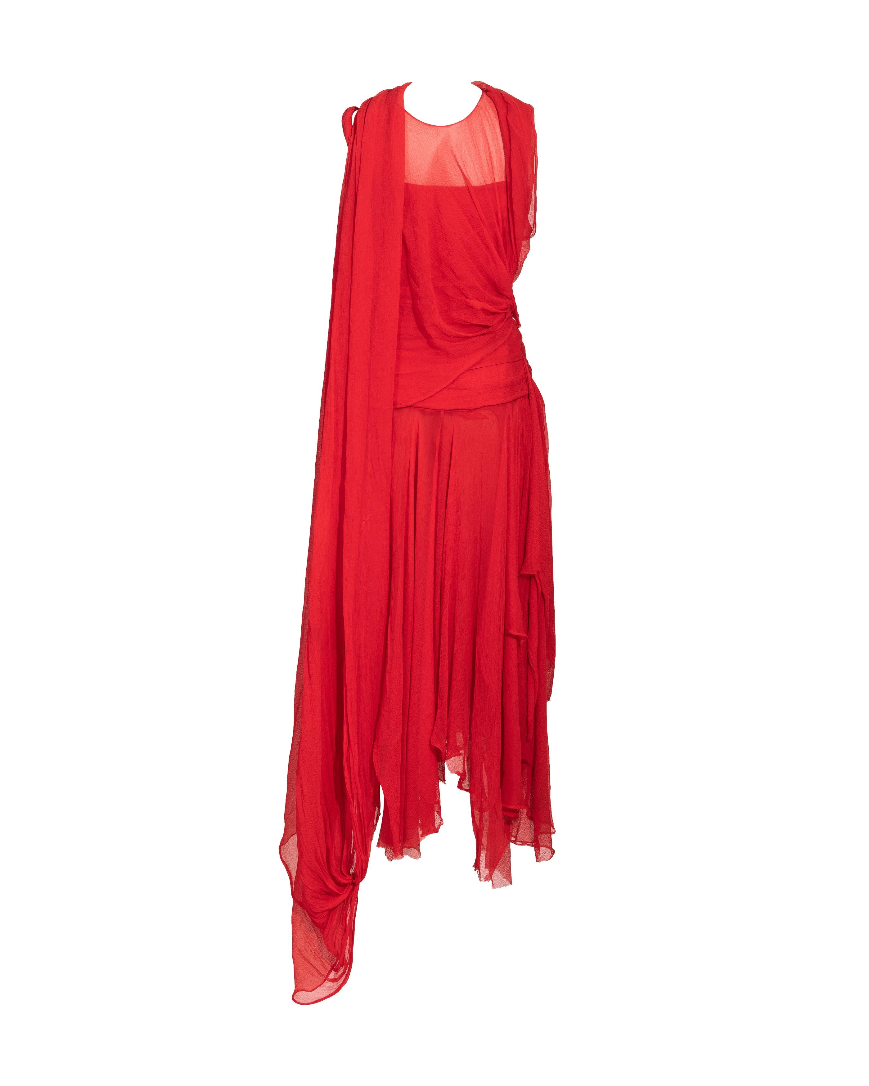 S/S 2003 Alexander McQueen  'Irere' Collection Red Silk Chiffon Gown with Sash For Sale 2