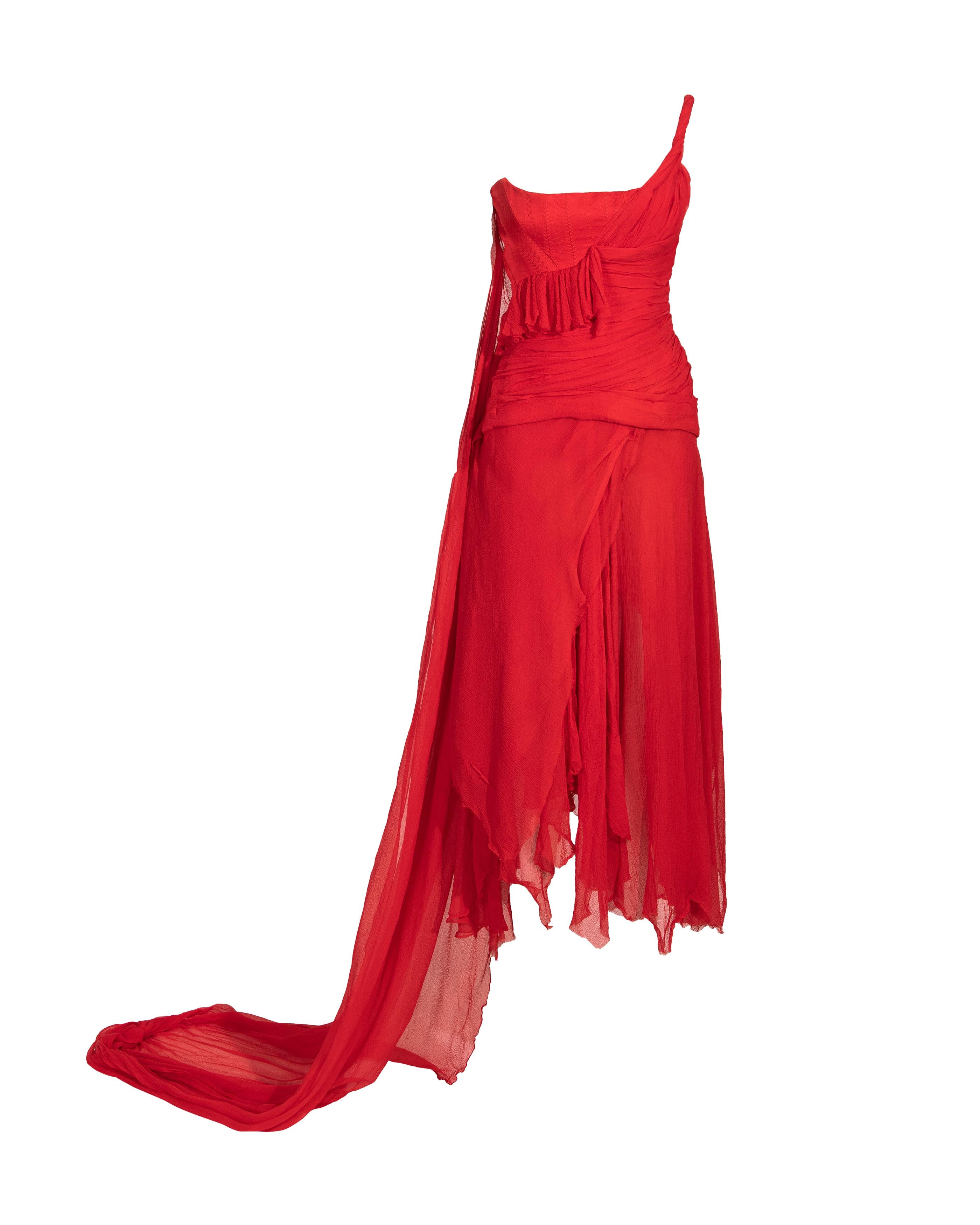 S/S 2003 Alexander McQueen  'Irere' Collection Red Silk Chiffon Gown with Sash 5