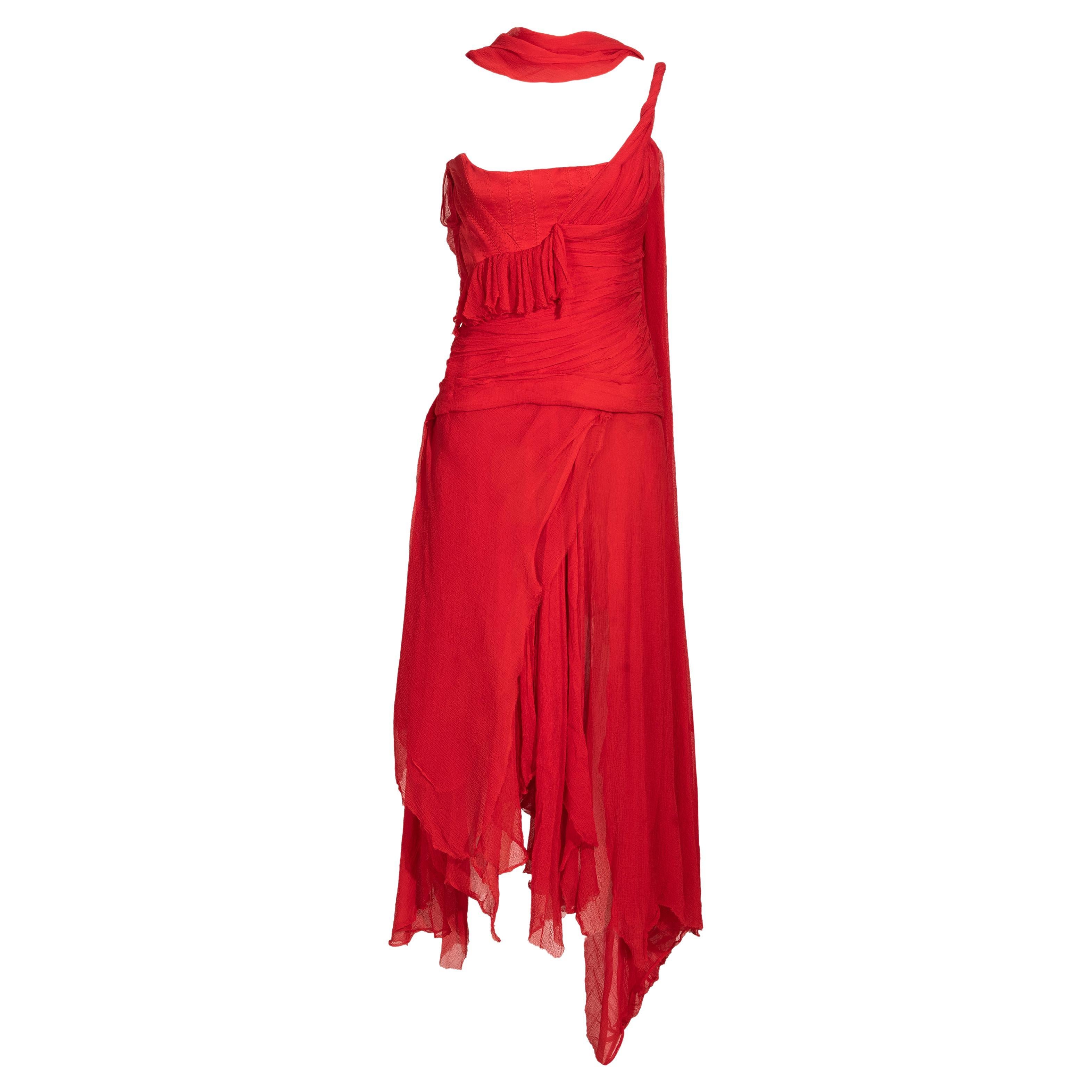 S/S 2003 Alexander McQueen  'Irere' Collection Red Silk Chiffon Gown with Sash For Sale