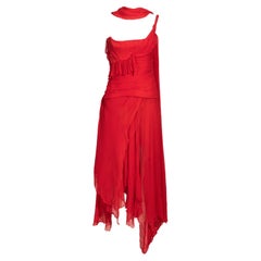 Antique S/S 2003 Alexander McQueen  'Irere' Collection Red Silk Chiffon Gown with Sash