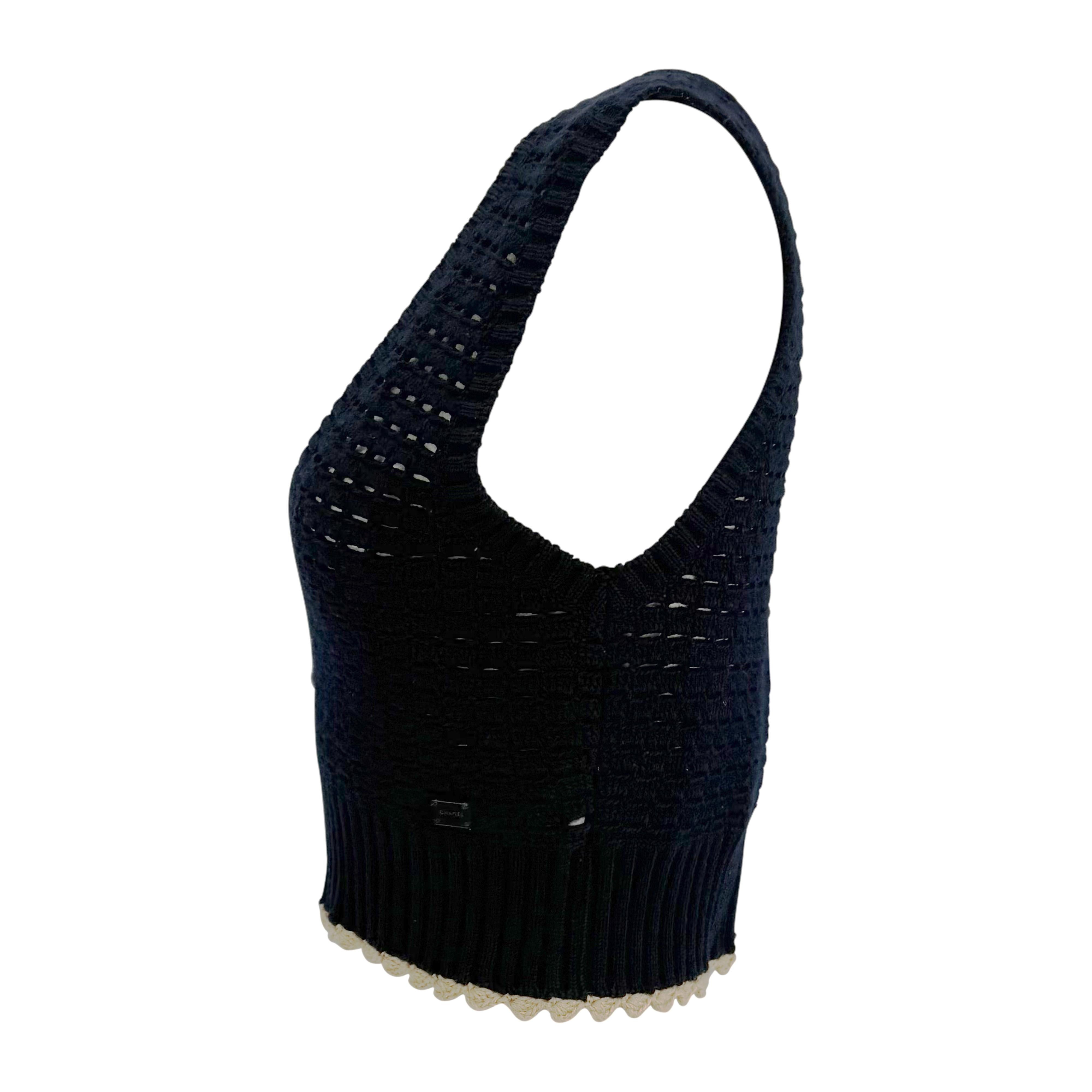 Black S/S 2003 Chanel by Karl Lagerfeld Navy Blue Crochet Knit Sweater Vest Top For Sale