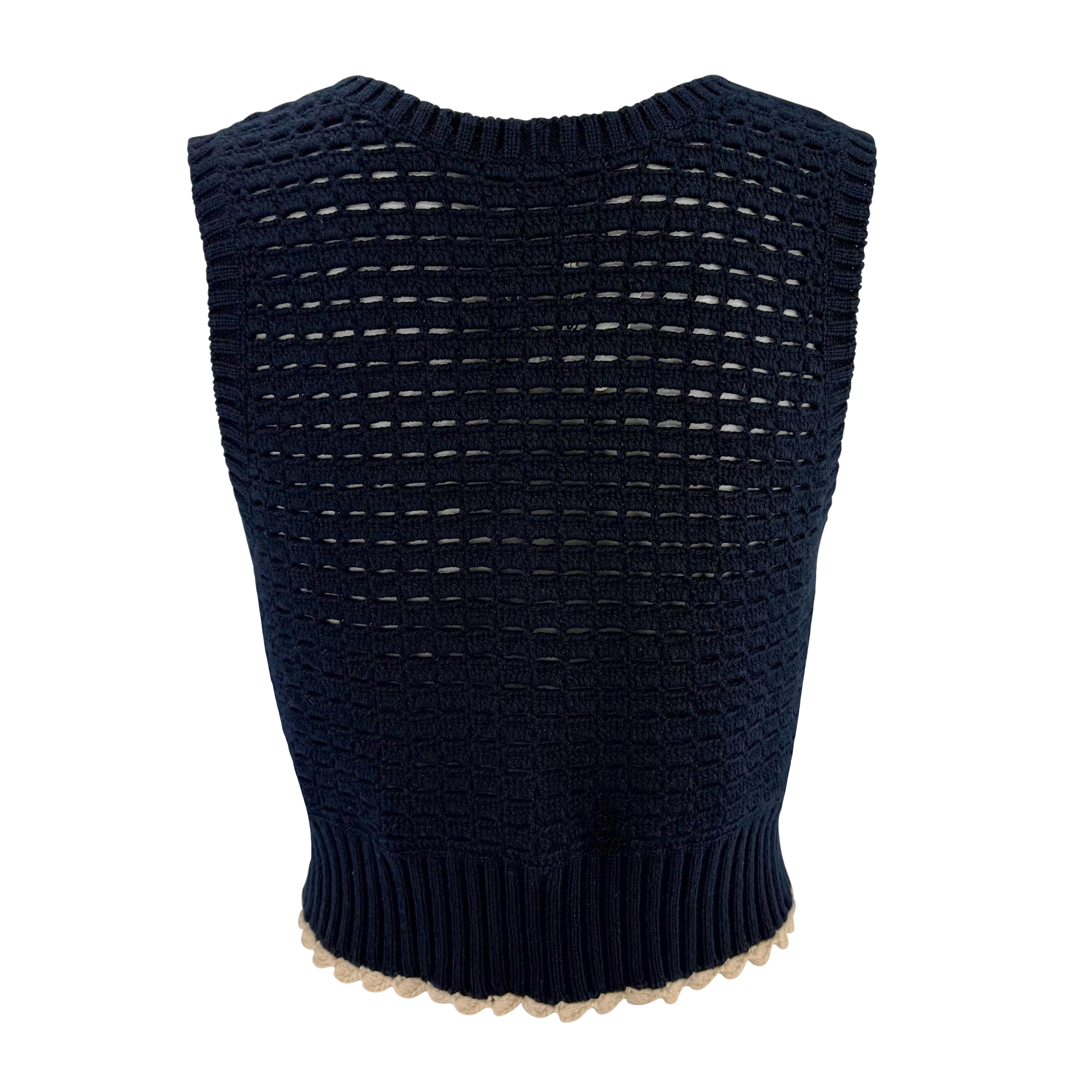 S/S 2003 Chanel by Karl Lagerfeld Navy Blue Crochet Knit Sweater Vest Top In Excellent Condition For Sale In West Hollywood, CA