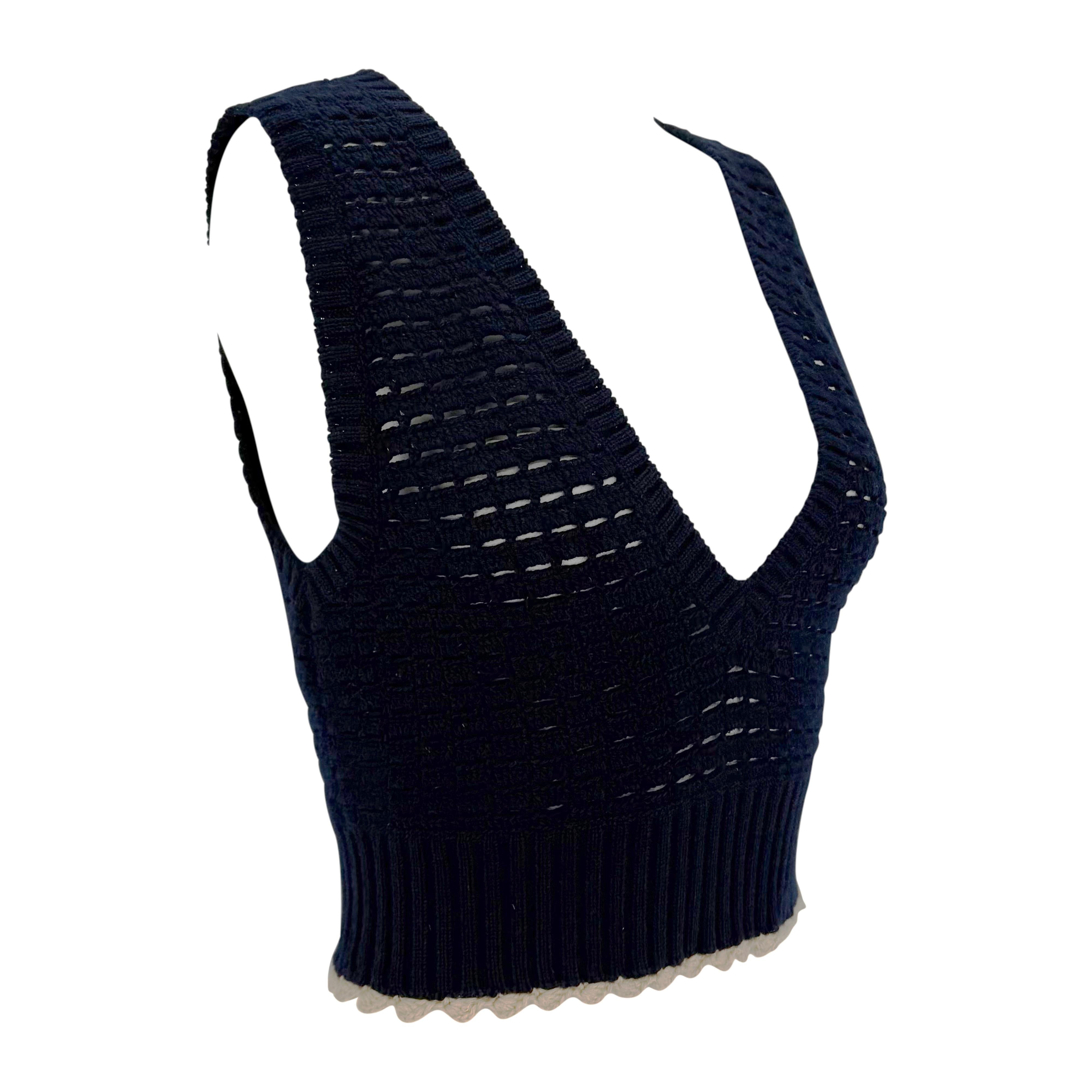 S/S 2003 Chanel by Karl Lagerfeld Navy Blue Crochet Knit Sweater Vest Top For Sale 1