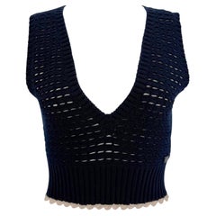 S/S 2003 Chanel by Karl Lagerfeld Navy Blue Crochet Knit Sweater Vest Top