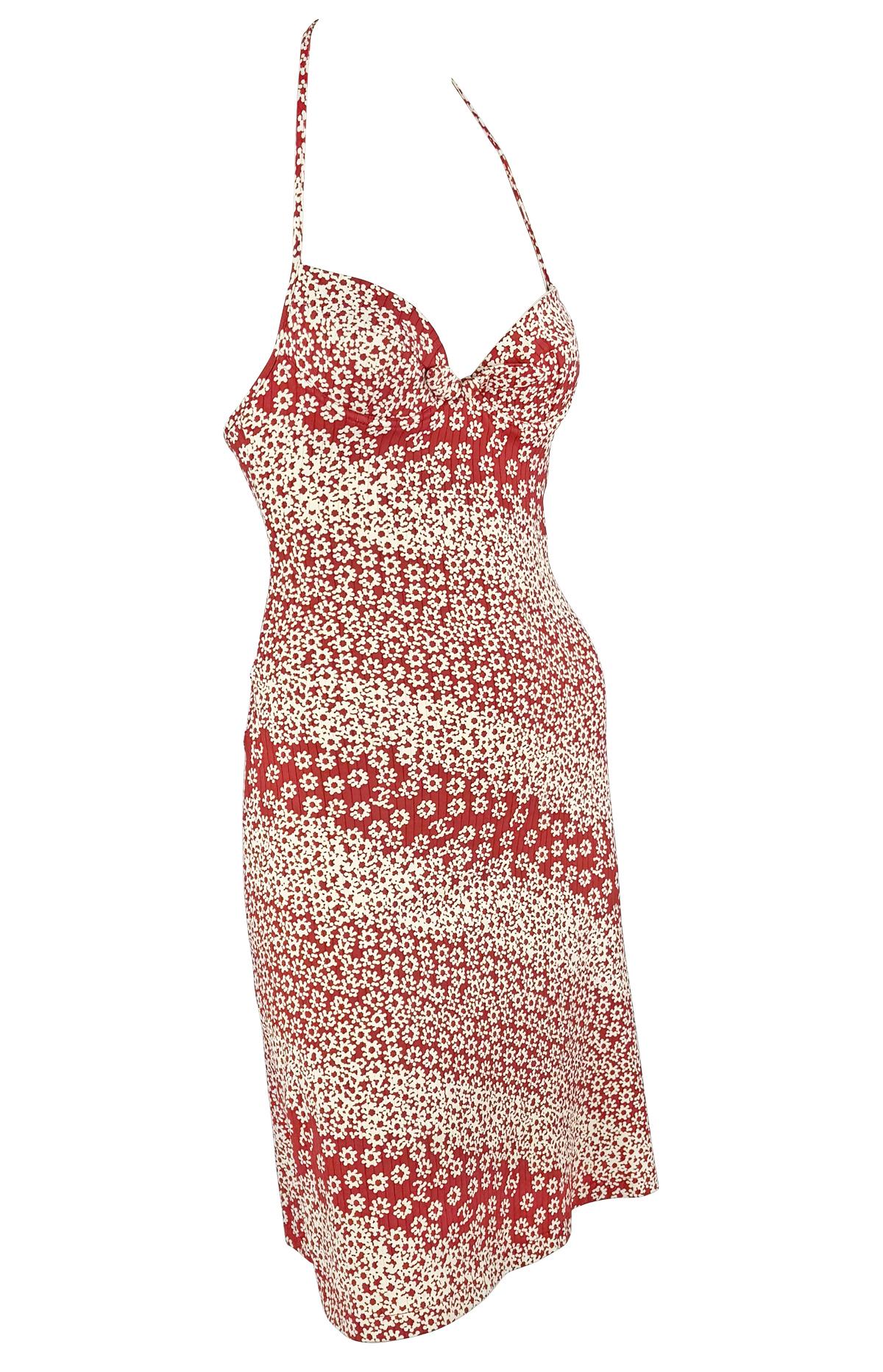 Beige S/S 2003 Chanel by Karl Lagerfeld Red White Floral Logo Bodycon Mini Dress