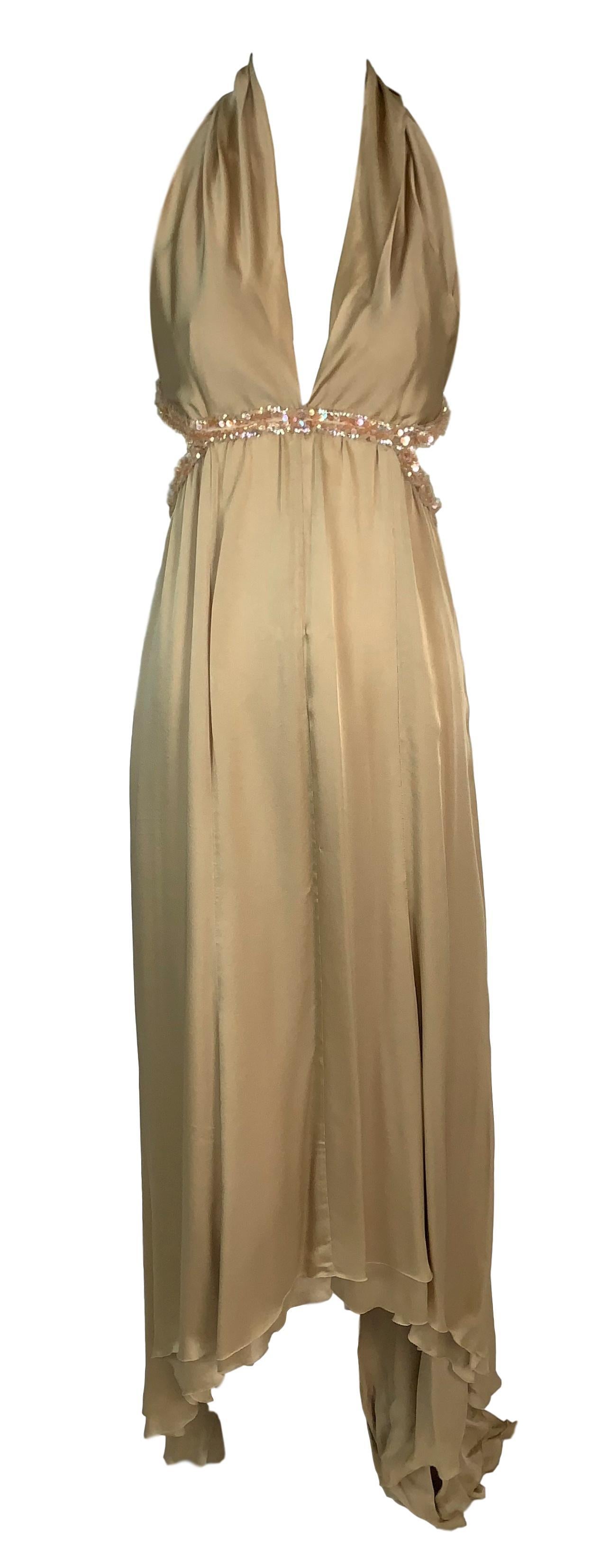 Brown S/S 2003 Chanel Nude Silk Cut-Out Plunging Embellished Gown Dress