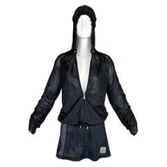 S/S 2003 Chanel Sheer Black Mesh Hoodie Jacket & Skirt Tracksuit Set