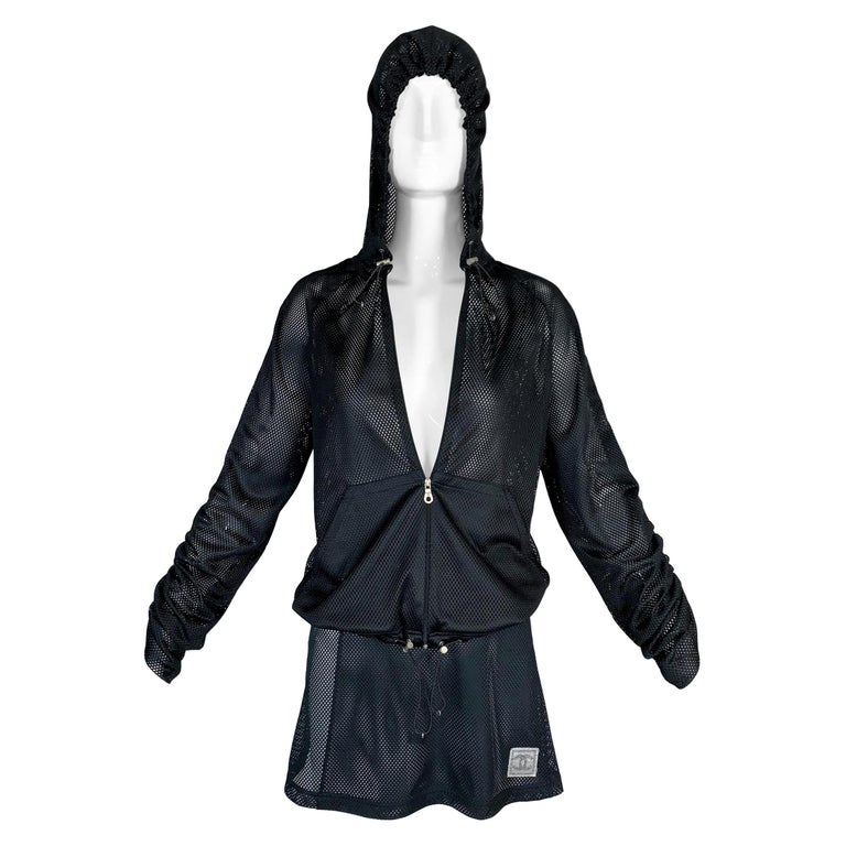 S/S 2003 Chanel Sheer Black Mesh Hoodie Jacket and Skirt Tracksuit