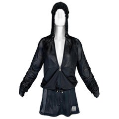 S/S 2003 Chanel Sheer Black Mesh Hoodie Jacket & Skirt Tracksuit Set