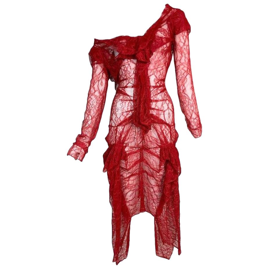 S/S 2003 Christian Dior by John Galliano Sheer Red Mesh Lace Dress