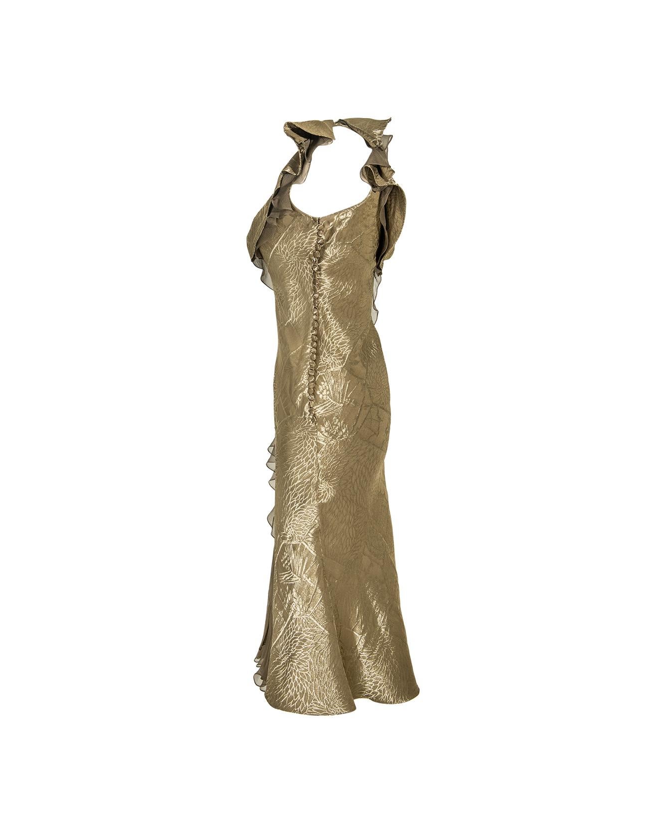 S/S 2003 Christian Dior by John Galliano silk midi dress. Olive 1930's style slip dress with gold lame floral brocade print. Semi sheer silk chiffon ruffle detail throughout and signature John Galliano '1930's' fabric covered buttons down the side.