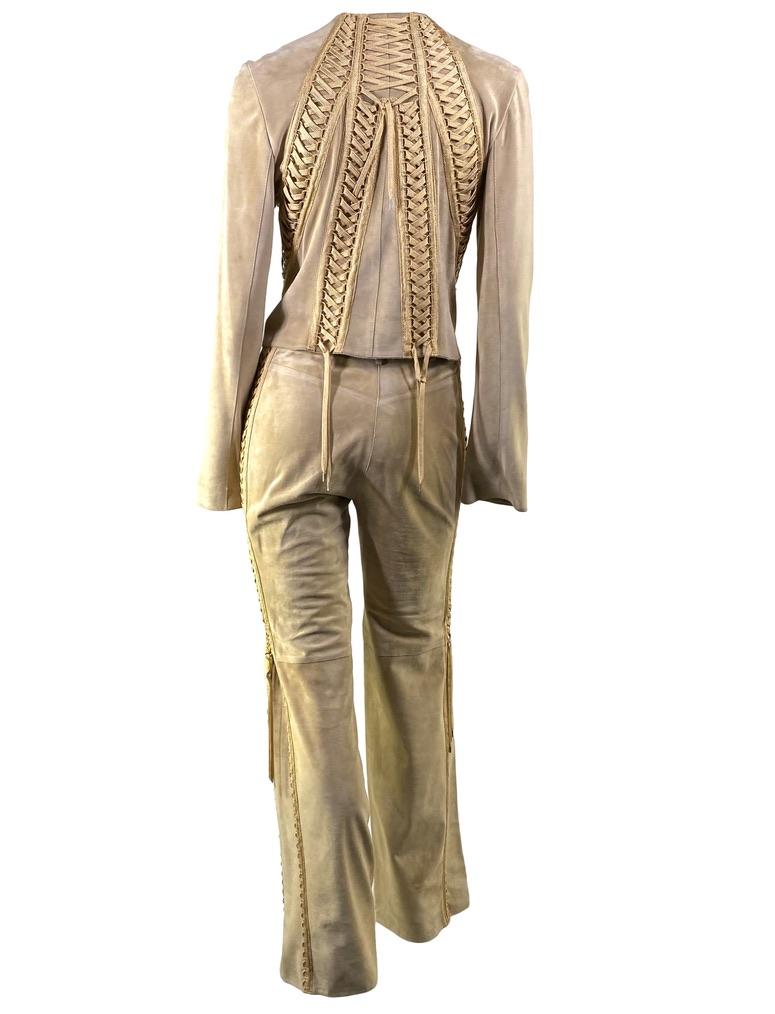 Marron S/S 2003 Christian Dior by John Galliano Suede Lace Up Jacket Pants Suit Set en vente