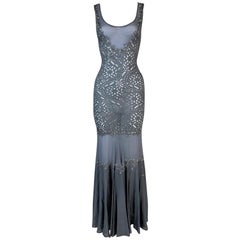 S/S 2003 Christian Dior John Galliano Sheer Blue Silk Beaded Mermaid Maxi Dress
