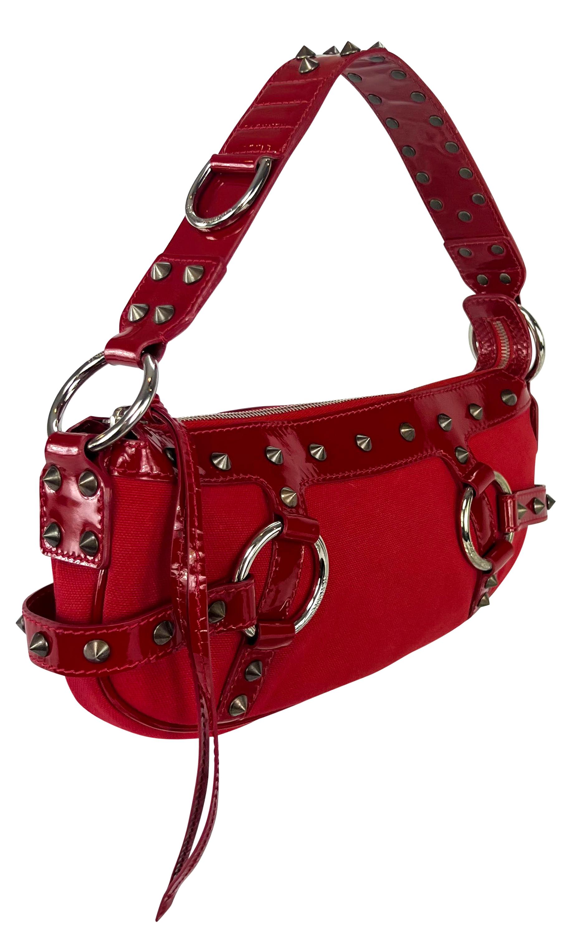 S/S 2003 Dolce & Gabbana Ad Spike Studded Red Patent Leather Trim Shoulder Bag In Excellent Condition For Sale In West Hollywood, CA