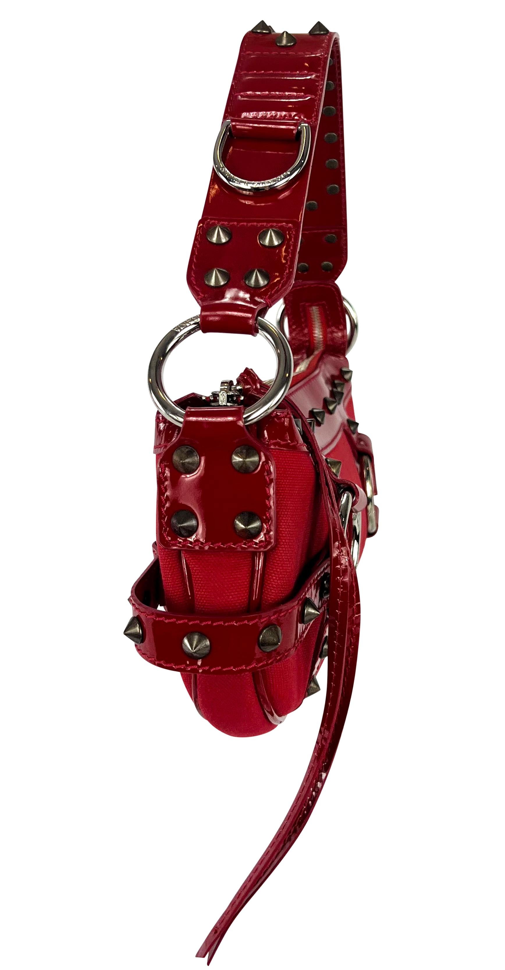 Women's S/S 2003 Dolce & Gabbana Ad Spike Studded Red Patent Leather Trim Shoulder Bag For Sale
