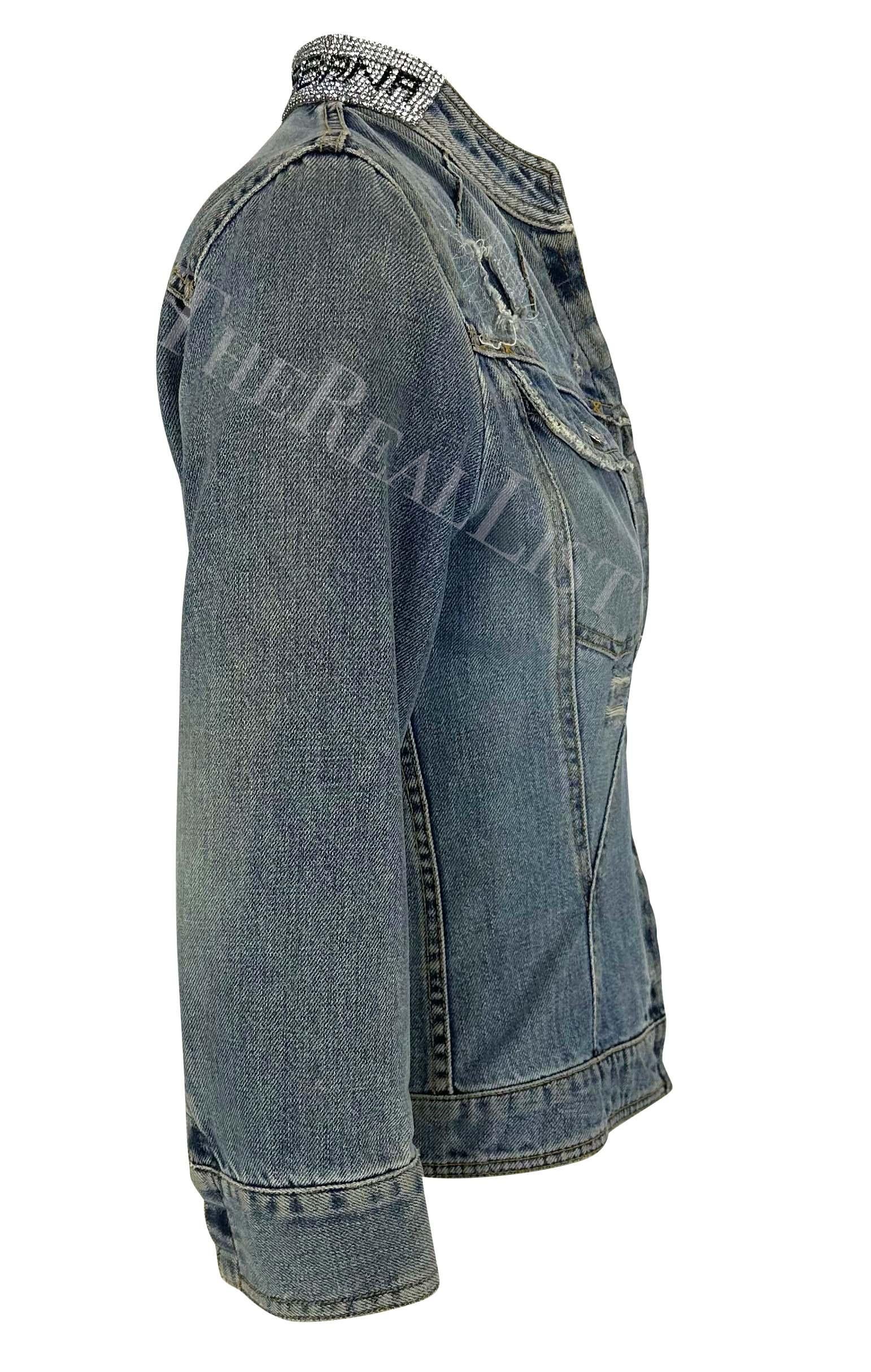 S/S 2003 Dolce & Gabbana Distressed Light Wash Denim Jacket Rhinestone Spell  In Excellent Condition For Sale In West Hollywood, CA