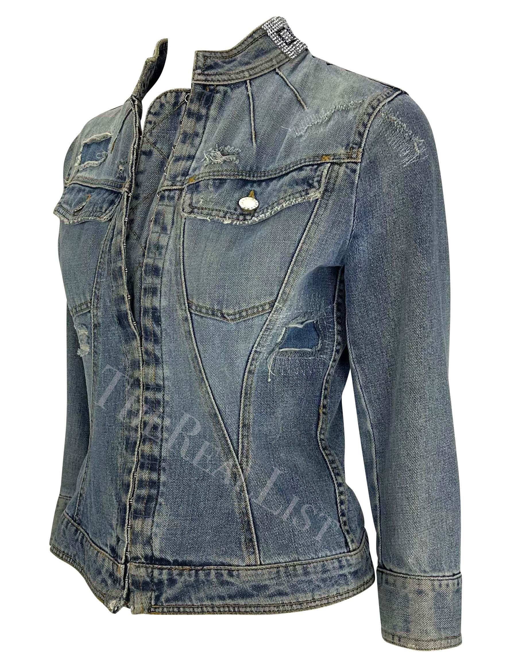 S/S 2003 Dolce & Gabbana Distressed Light Wash Denim Jacket Rhinestone Spell For Sale 1