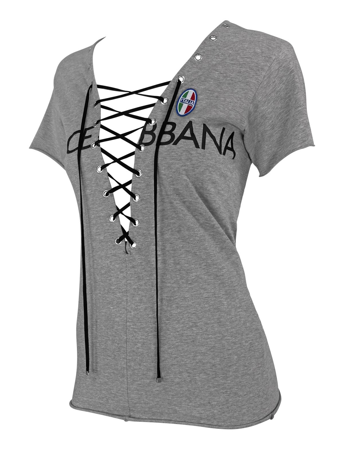 From Dolce & Gabbana’s Spring/Summer 2003 collection, this grey t-shirt features a bold plunging neckline with a lace-up front, accented by silver-tone grommets. This top is finished with a black logo print across the chest and an embroidered