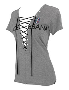 S/S 2003 Dolce & Gabbana Plunging Lace-Up Logo Print Grey T-Shirt Top