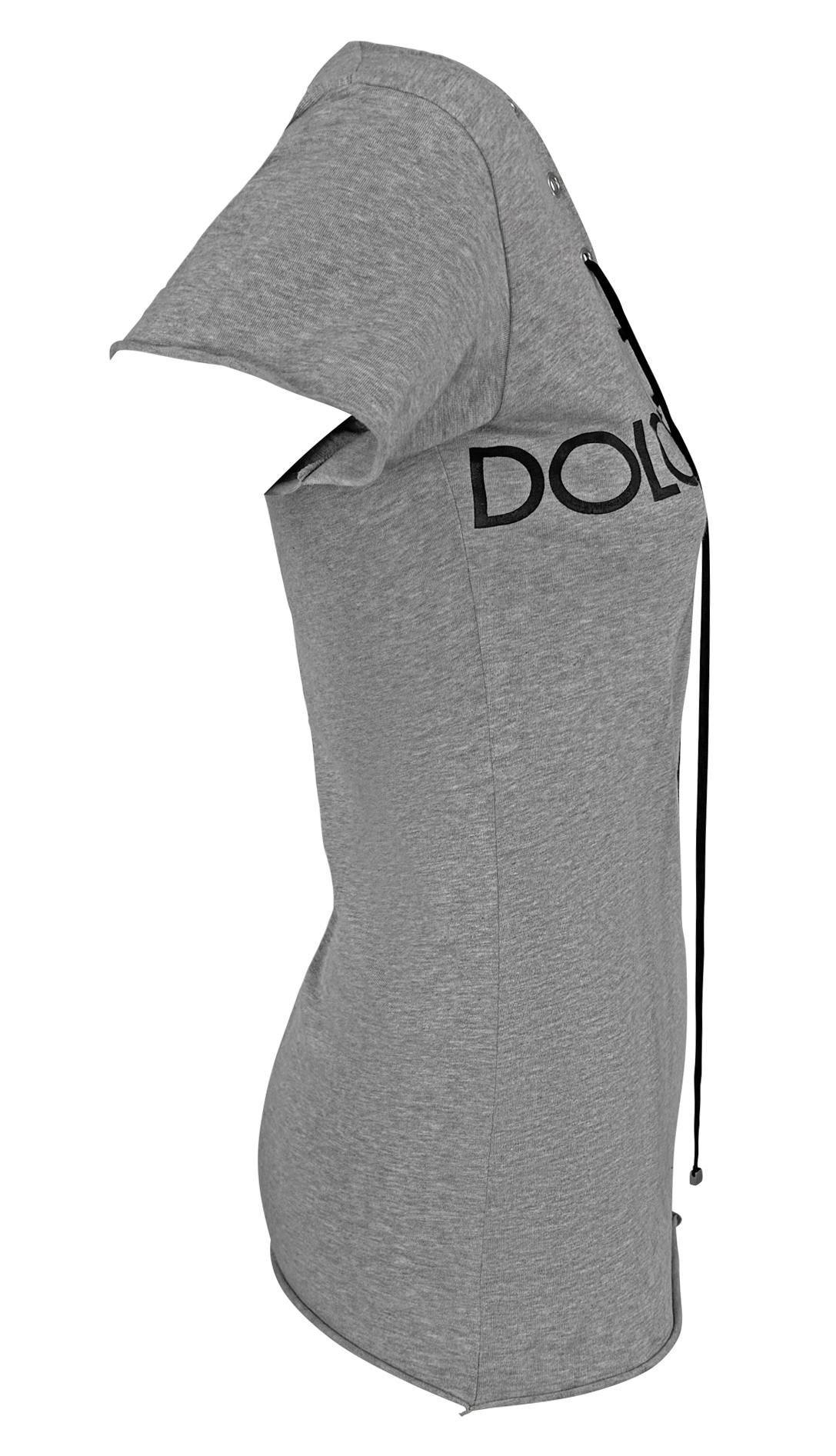 S/S 2003 Dolce & Gabbana Plunging Lace-Up Logo Print Grey T-Shirt Top For Sale 1